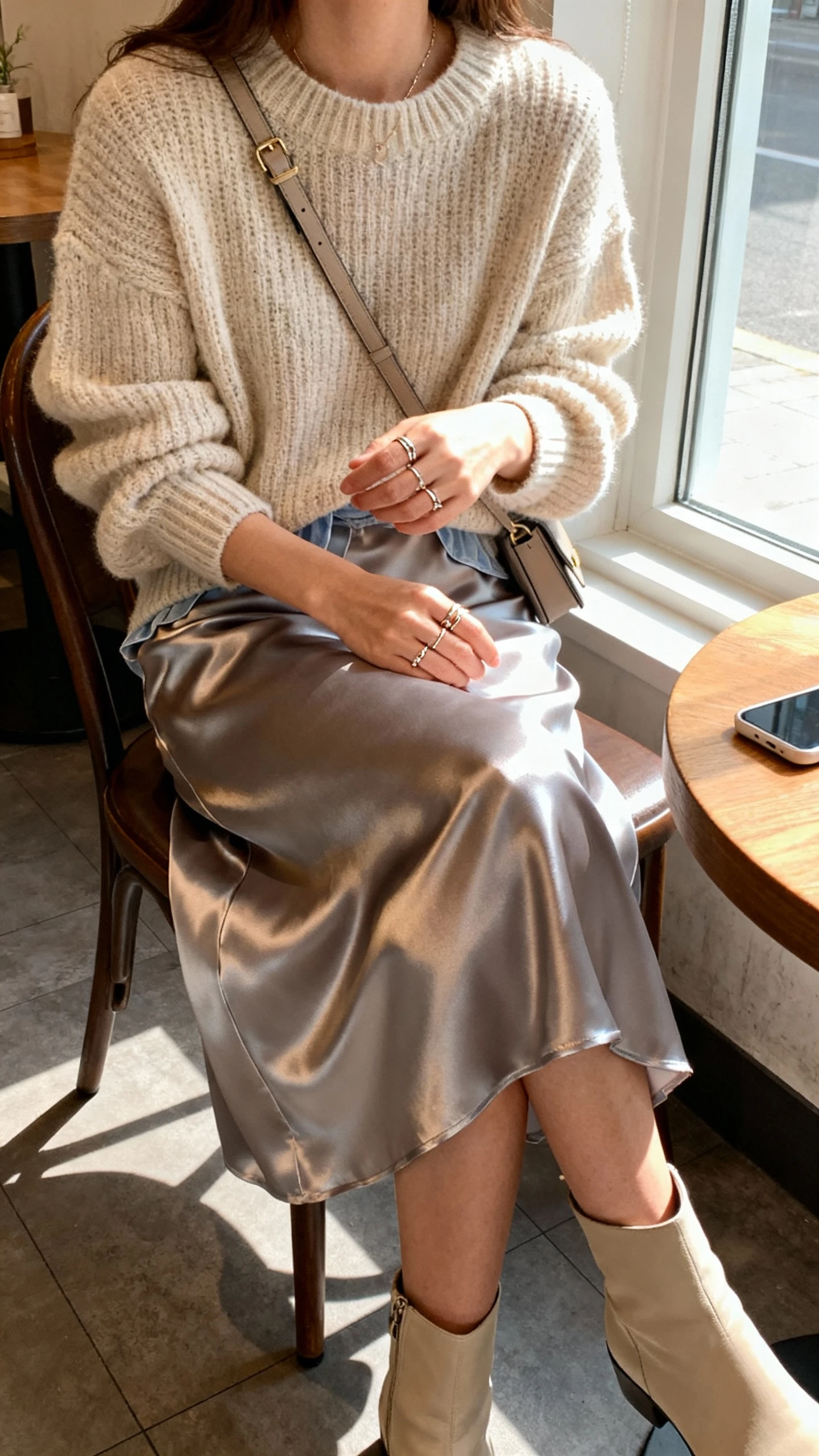 iPhone seated cafe selfie showing a woman wearing a satin midi skirt with a chunky knit sweater half-tucked, ankle boots, layered delicate rings, and a crossbody bag, face not visible, cropped at shoulders, morning window light, natural iPhone photo quality