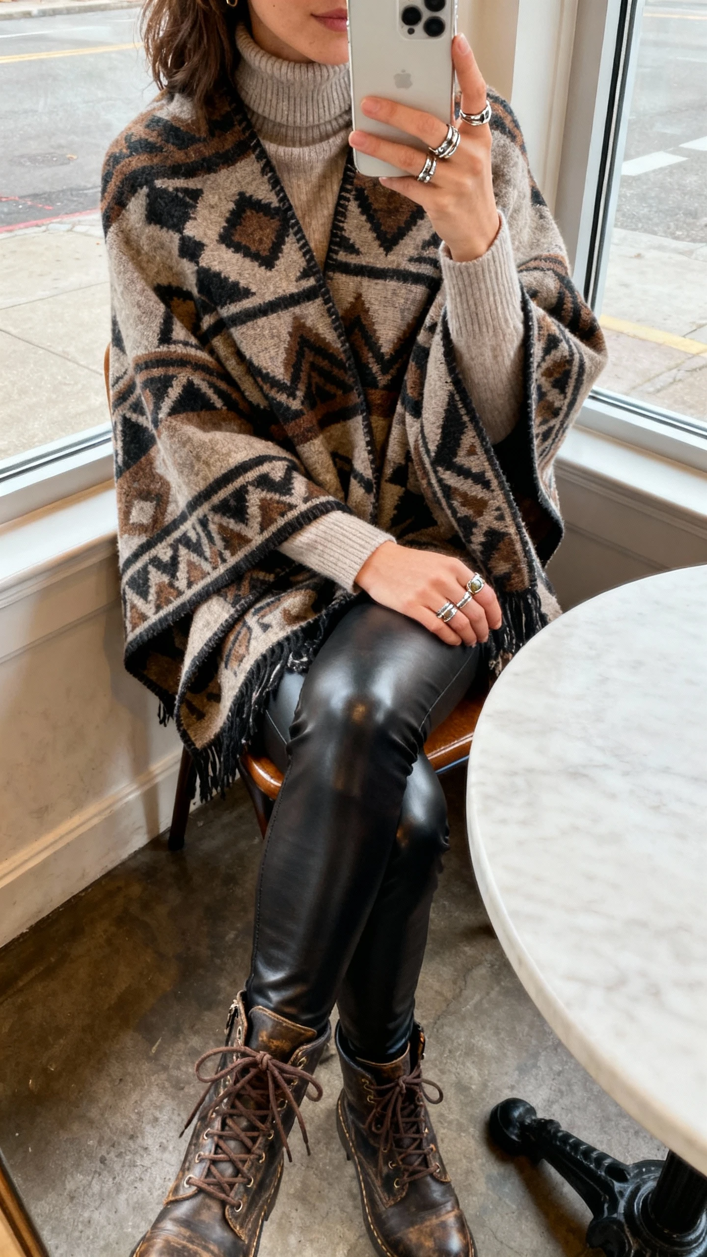 iPhone seated selfie cropped at shoulders showing a woman wearing a patterned poncho over a turtleneck with leather leggings and rugged lace-up boots, layered rings; face not visible, corner cafe table, natural daylight by window, iPhone photo quality.