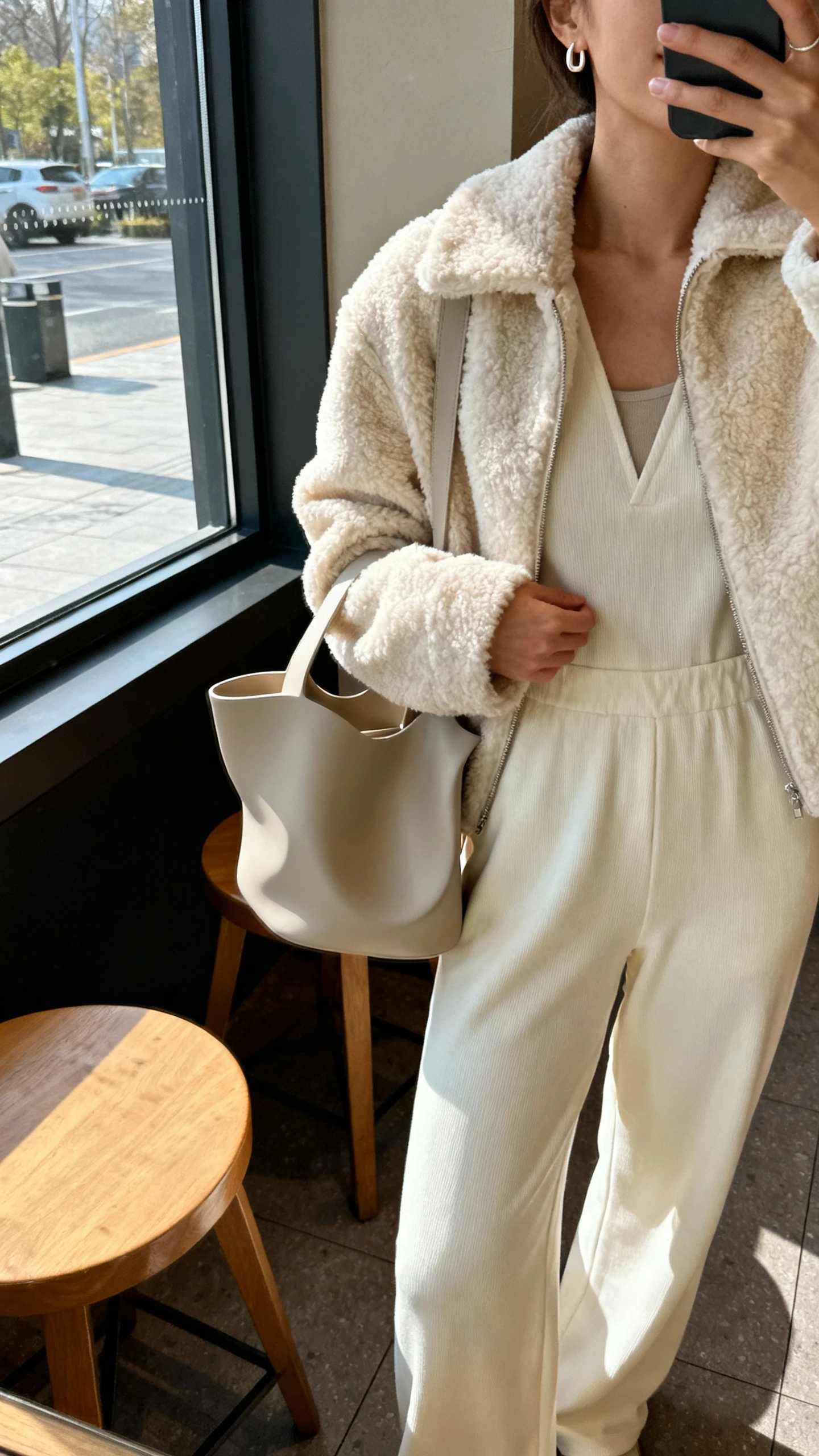 iPhone selfie cropped at shoulders showing a woman in a clean-line jumpsuit layered with a shearling jacket, carrying a sculptural tote and wearing minimalist earrings, face not visible, coffee shop seating, soft afternoon window light, natural iPhone photo quality.