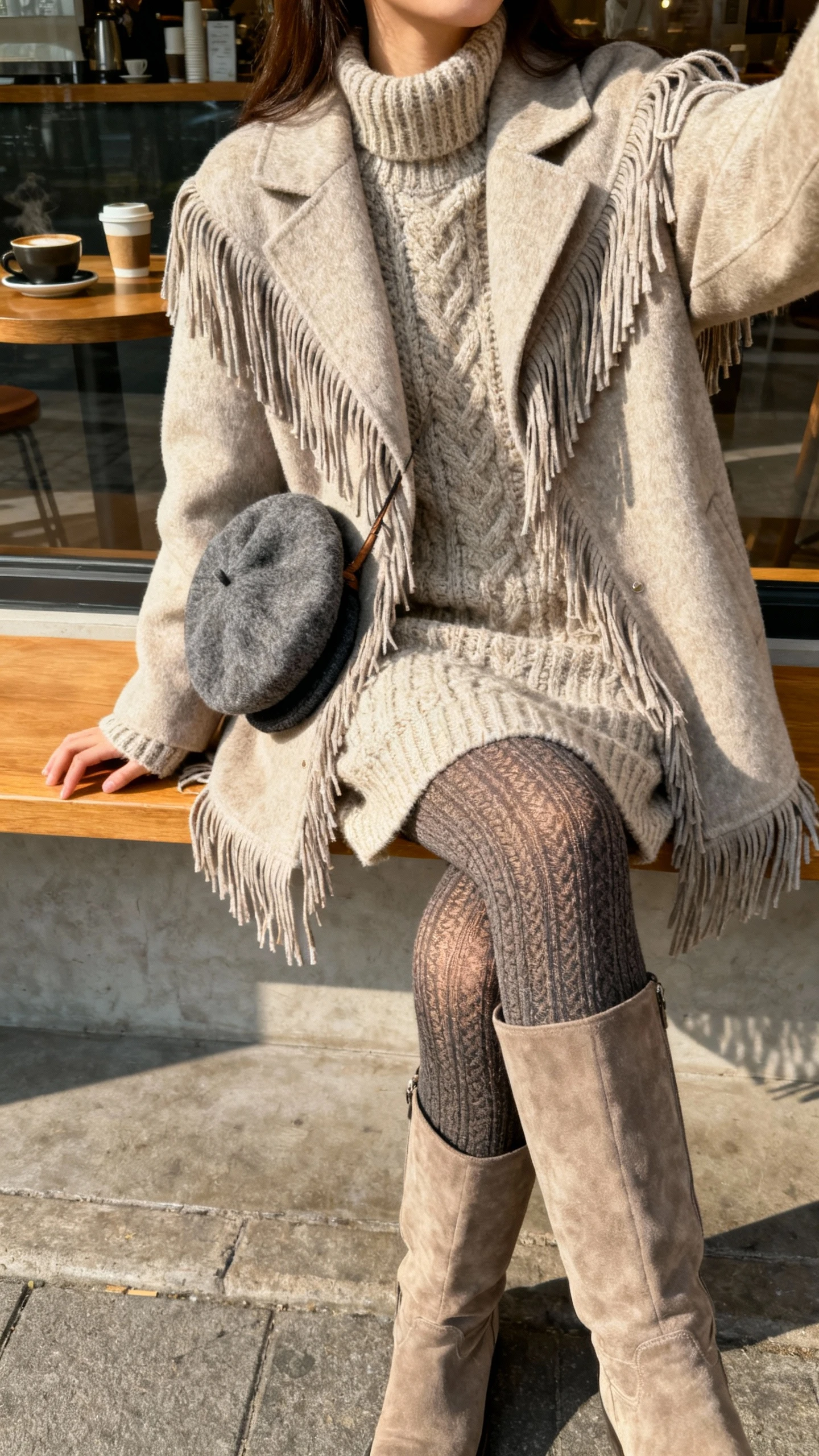 iPhone selfie cropped at shoulders showing a woman in a chunky sweater dress layered with a fringe coat and tall boots, wool beret tucked under arm and textured tights, face not visible, coffee shop window seat, morning light, casual iPhone aesthetic.