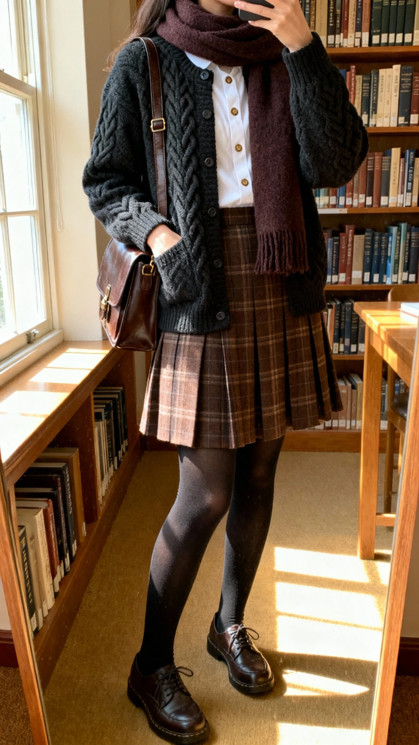 iPhone side-angle mirror selfie of a woman in cozy dark academia: charcoal cable-knit cardigan over a white button-up, brown plaid pleated skirt, opaque black tights, oxford shoes, espresso wool scarf, leather satchel, face not visible, library-like study nook, soft window light, natural iPhone quality.