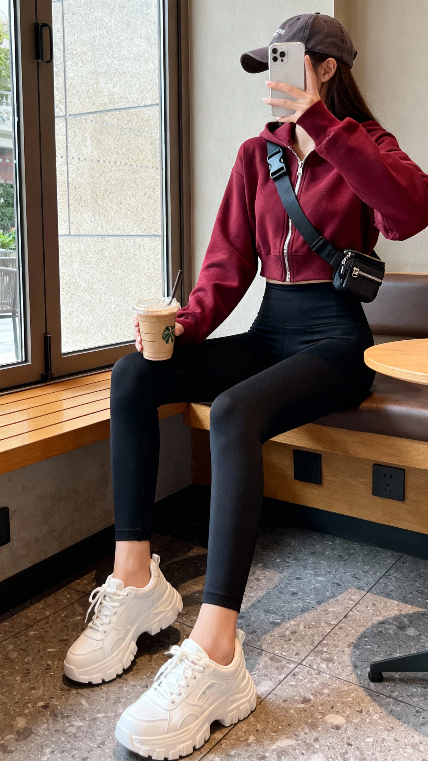 iPhone side-angle selfie of a woman in a burgundy zip-up hoodie, black high-waist leggings, white chunky sneakers, baseball cap, and a crossbody belt bag, face not visible, sitting on a cafe bench with latte, natural window light, iPhone photo quality.
