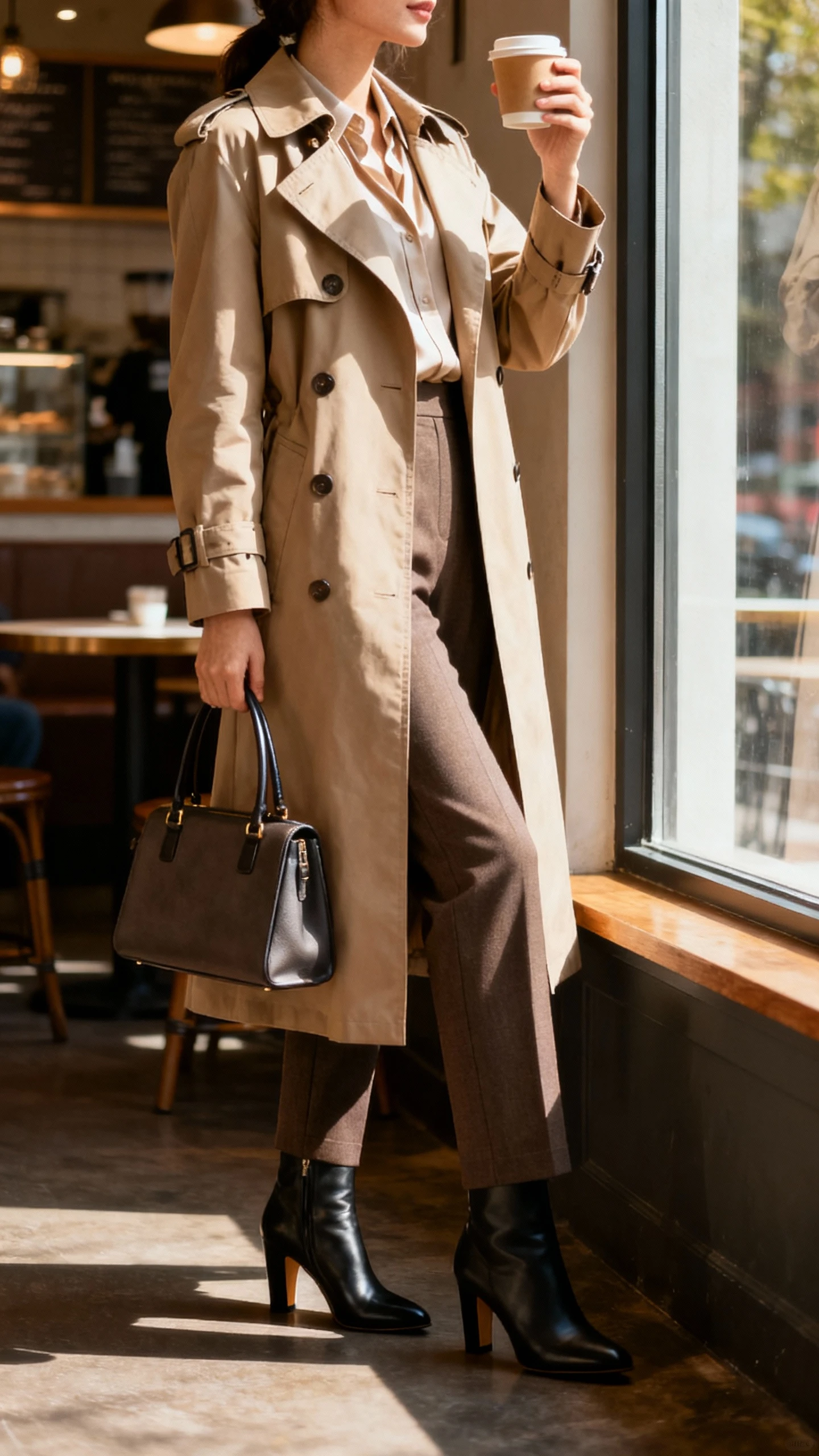 iPhone side-angle selfie of a woman in a classic trench coat over a blouse and tailored trousers, heeled ankle boots, top-handle bag, holding coffee by a cafe window, face not visible, warm afternoon light, natural iPhone photo quality.