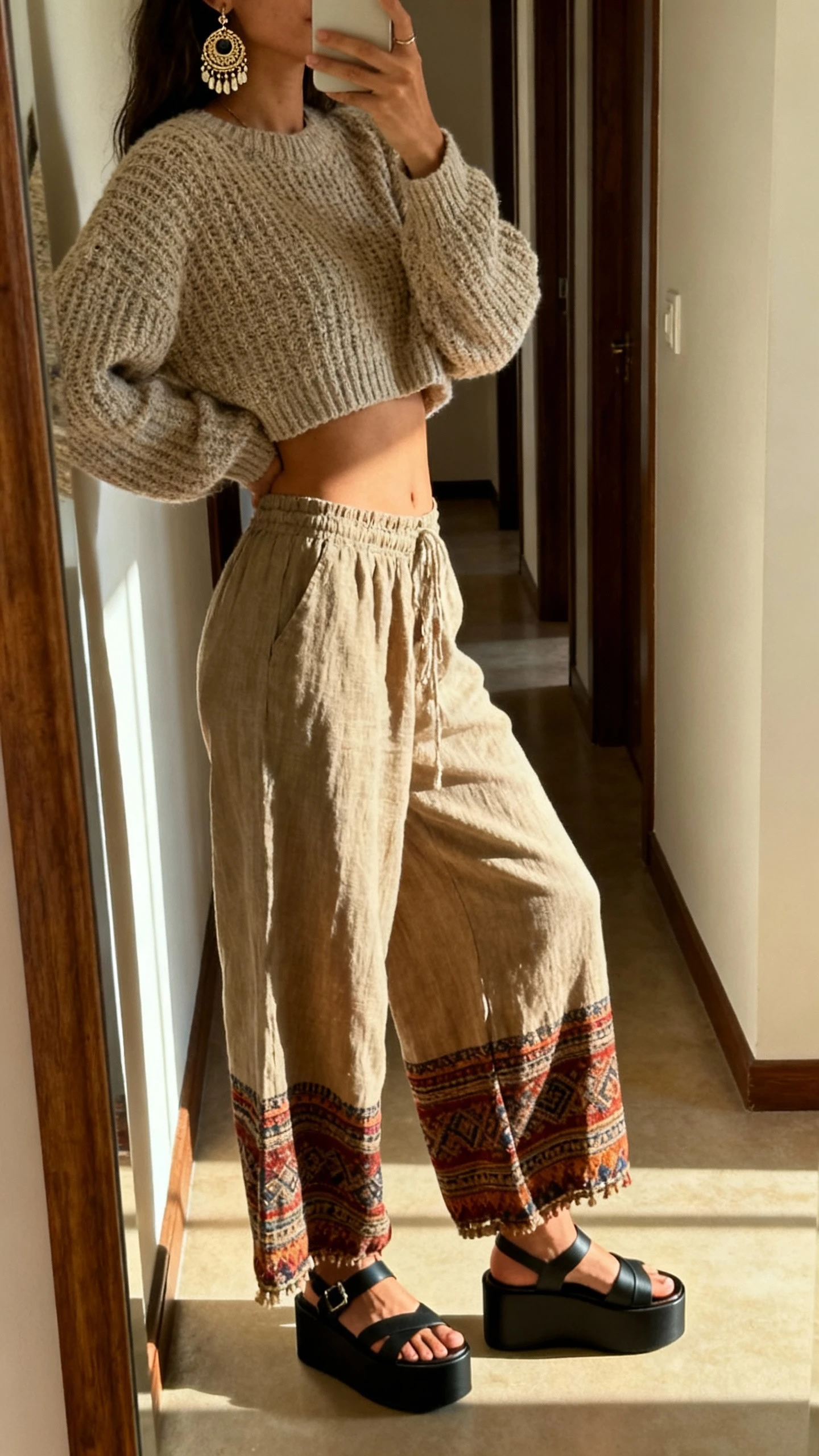 iPhone side-angle selfie of a woman wearing a cropped knit sweater with wide-leg boho trousers, statement earrings, platform sandals, face not visible, hallway mirror with afternoon light, natural iPhone photo quality.