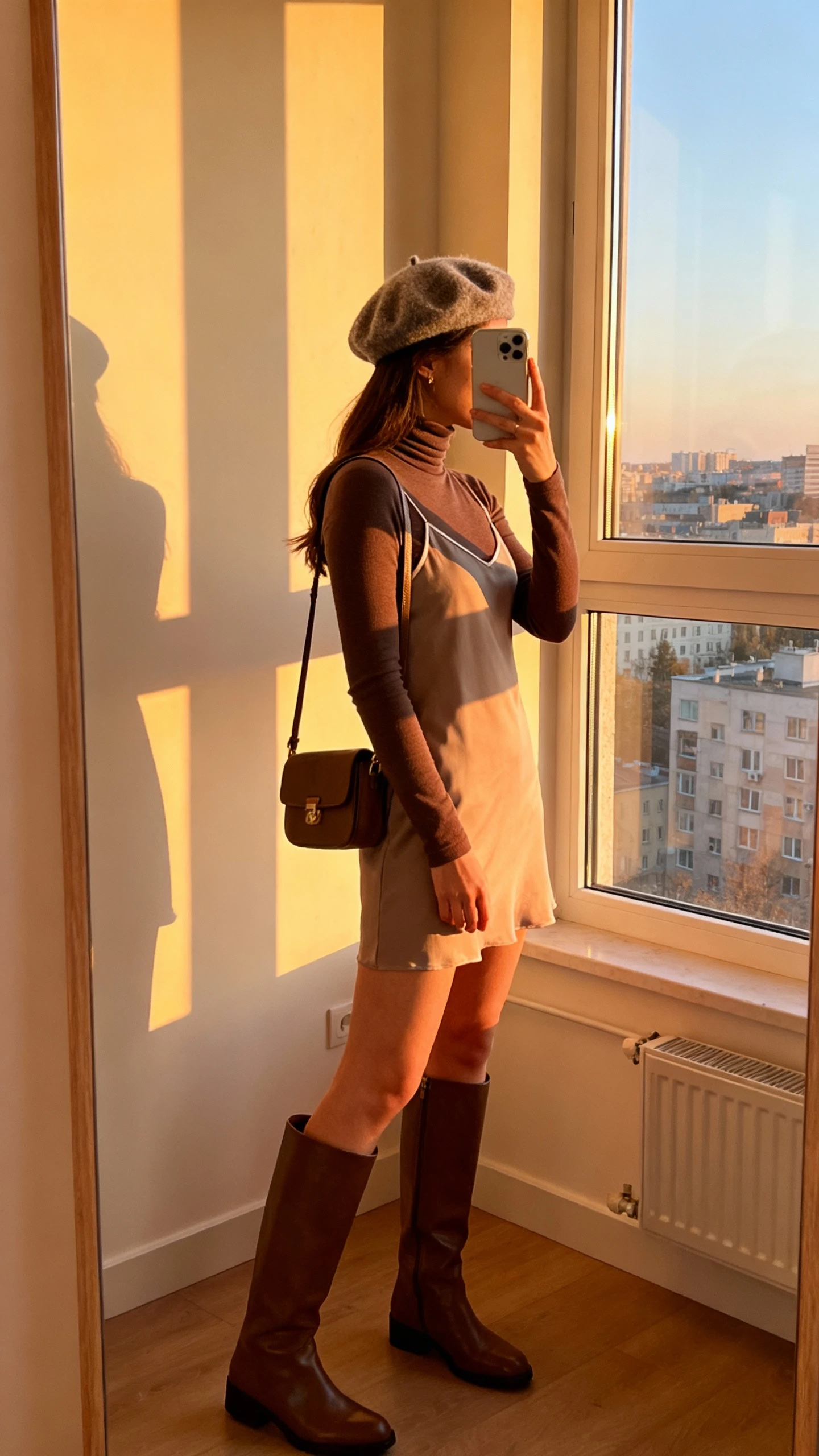 iPhone side-profile selfie of a woman in a minimal slip dress layered over a fitted turtleneck with tall boots and a wool beret, small shoulder bag, face not visible, city apartment by window, golden hour light, natural iPhone photo quality.