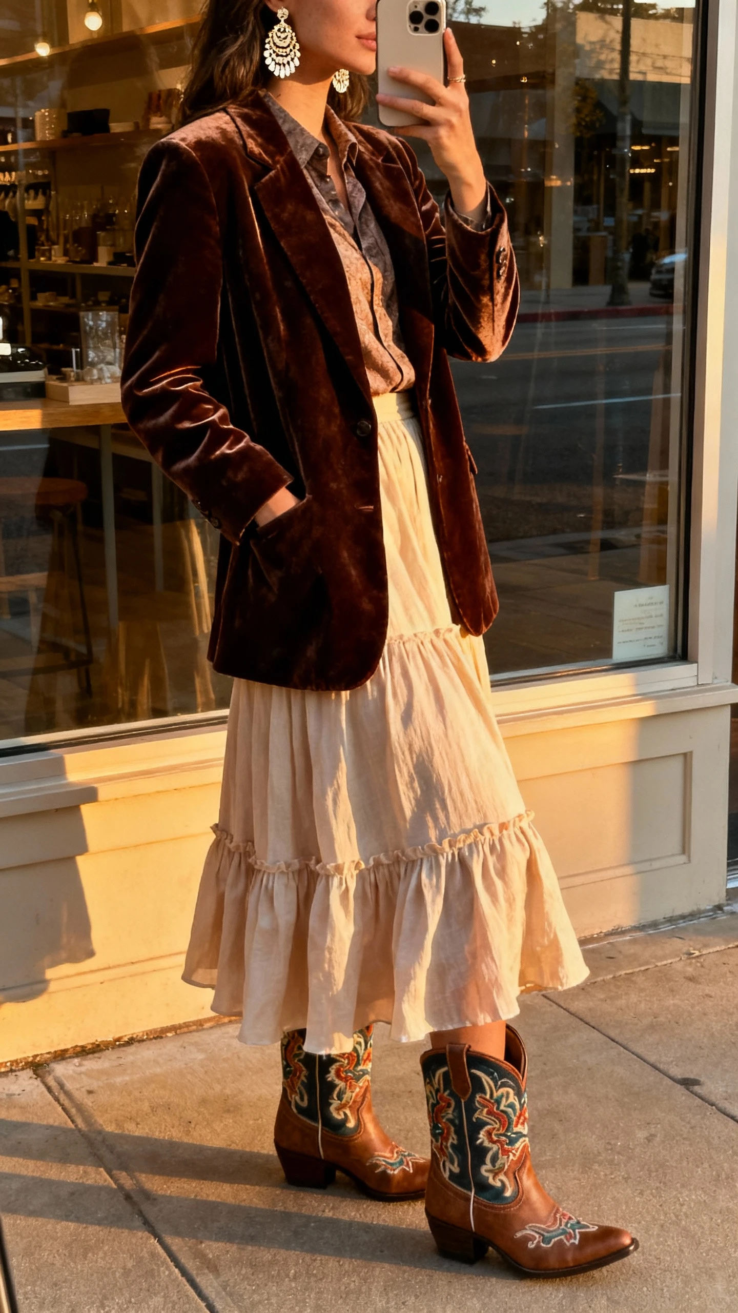 iPhone side-profile selfie of a woman wearing a velvet blazer over a blouse with a flowy prairie skirt and embroidered western boots, statement earrings; face not visible, street reflection in a shop window, golden hour light, natural iPhone photo quality.
