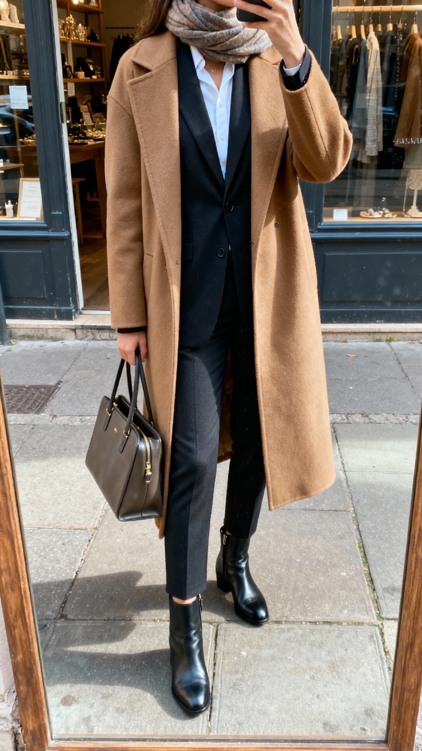 iPhone street-mirror selfie of a woman layering a sharp blazer under a long camel coat, slim trousers, leather ankle boots, structured tote, scarf, face not visible, cropped at neck, sidewalk boutique mirror, cool morning light, natural iPhone photo.