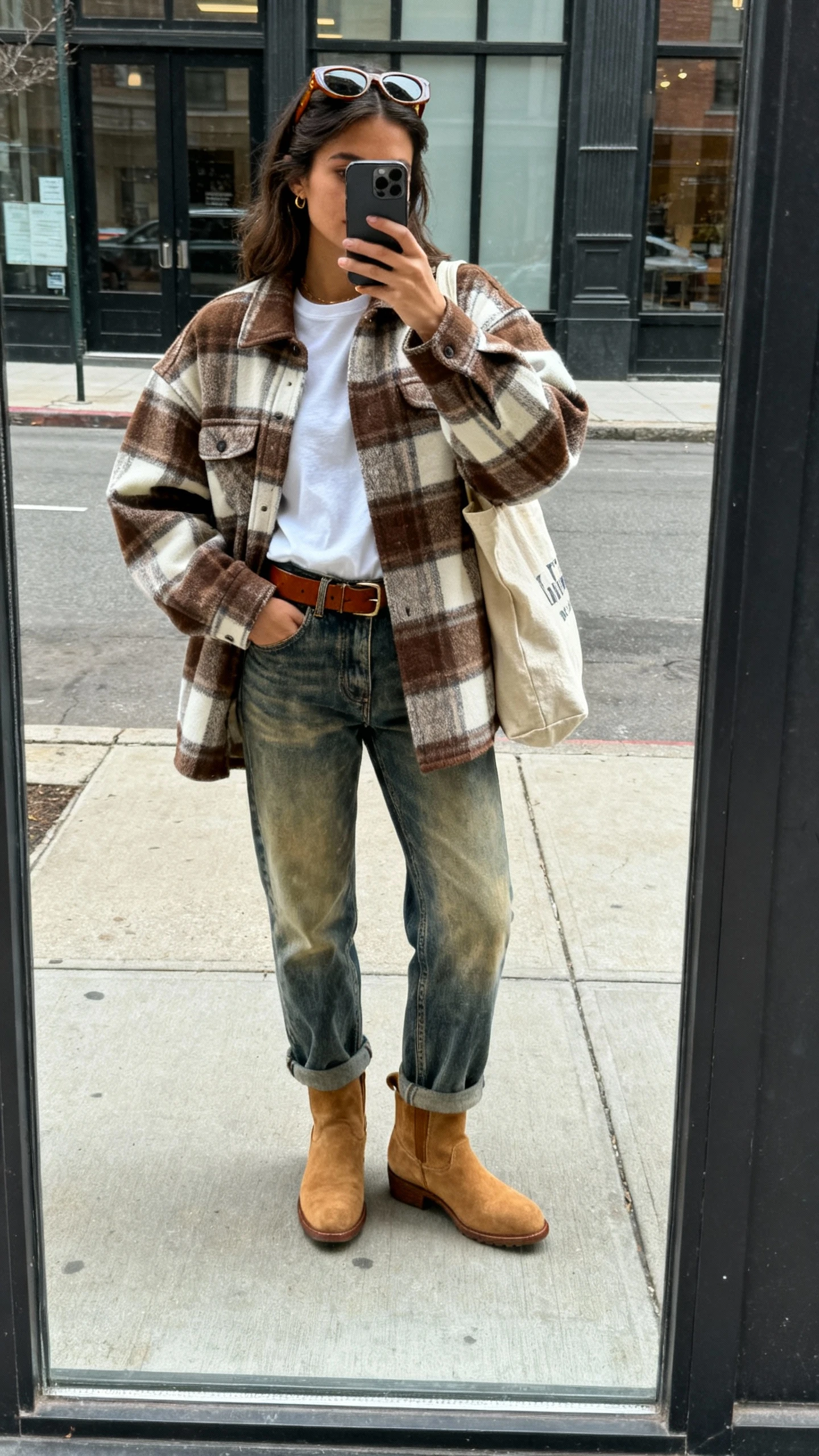 iPhone street mirror-window selfie of a woman in plaid shacket and vintage denim: oversized brown-and-cream plaid shacket, faded high-rise straight jeans, white tee, tan suede Chelsea boots, brown leather belt, retro sunglasses on head, canvas tote, face not visible, city sidewalk, overcast natural light, casual iPhone quality.