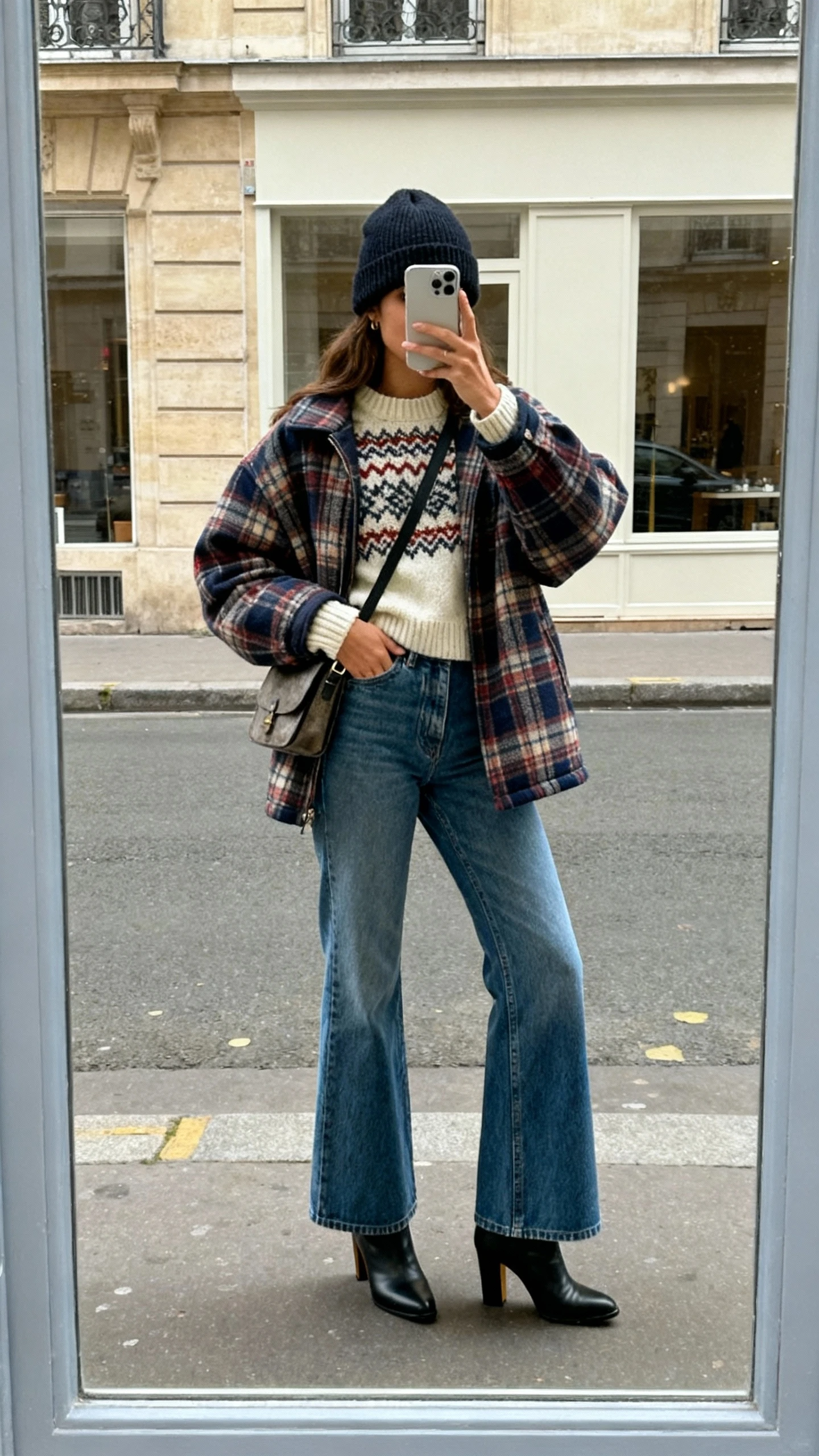 iPhone street-side mirror window selfie of a woman in an oversized plaid shacket, Fair Isle sweater, high-rise flare jeans, beanie, and heeled boots, crossbody bag, face not visible, natural daylight, casual iPhone photo.