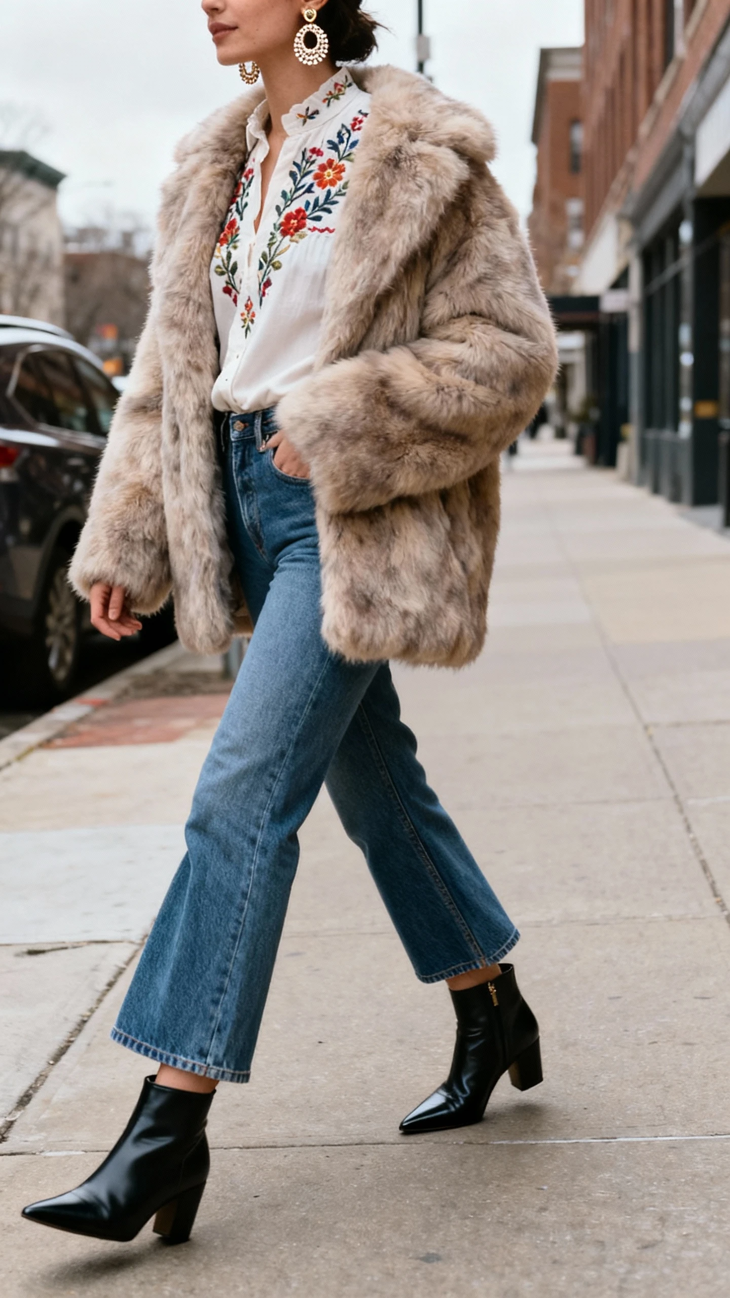 iPhone street-style side shot of a woman wearing an embroidered blouse under a plush faux fur coat, cropped flare jeans, pointed ankle boots, and statement earrings, face not visible, walking on a city sidewalk, overcast daylight, casual iPhone photo.
