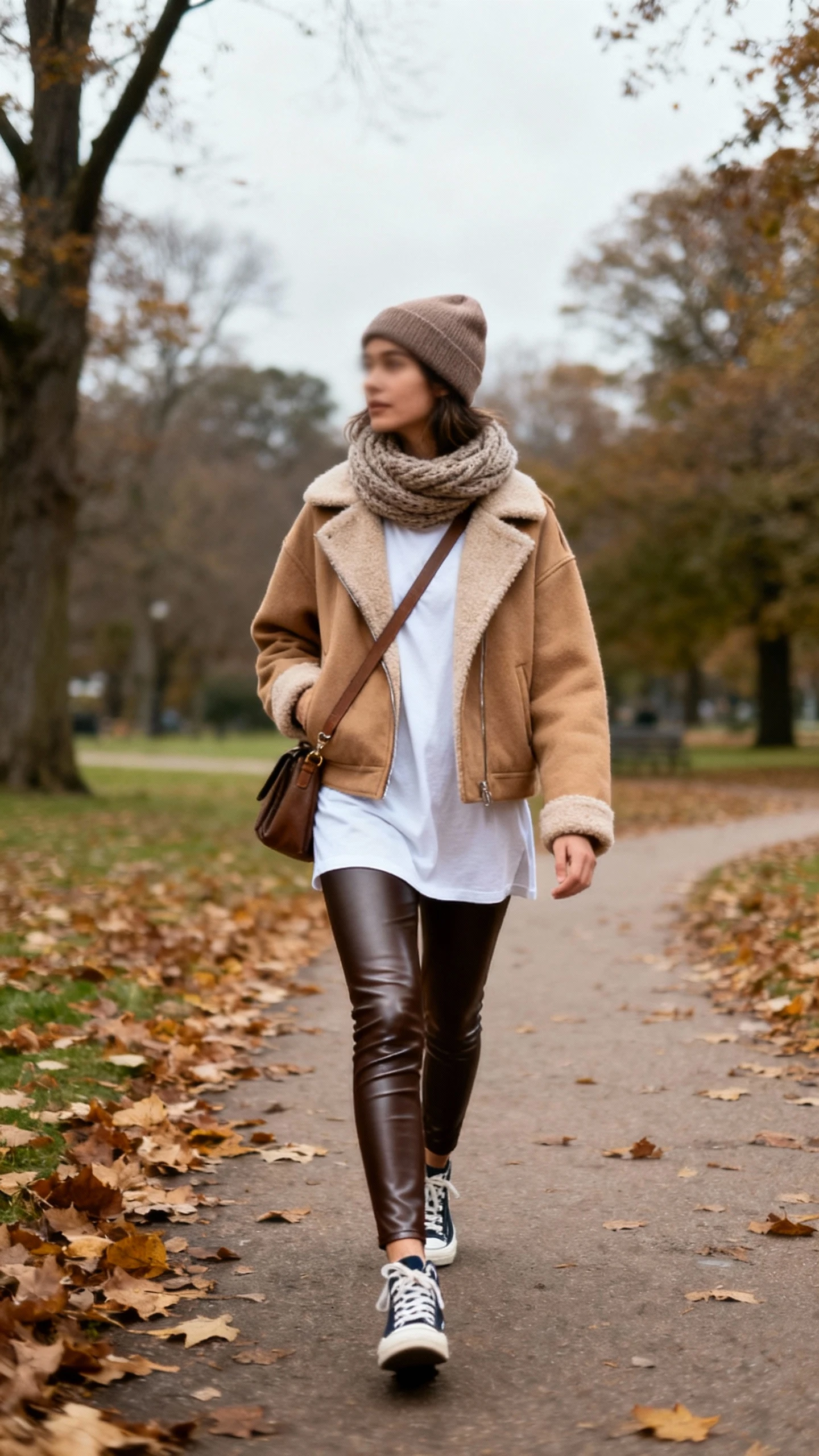 Natural lifestyle photo of a woman wearing a camel wool-blend shacket with faux leather leggings, a crisp longline tee, clean retro sneakers, a beanie, a crossbody bag, and a chunky scarf, strolling through a park path with fallen leaves, face slightly blurred, overcast daylight, iPhone photo quality.
