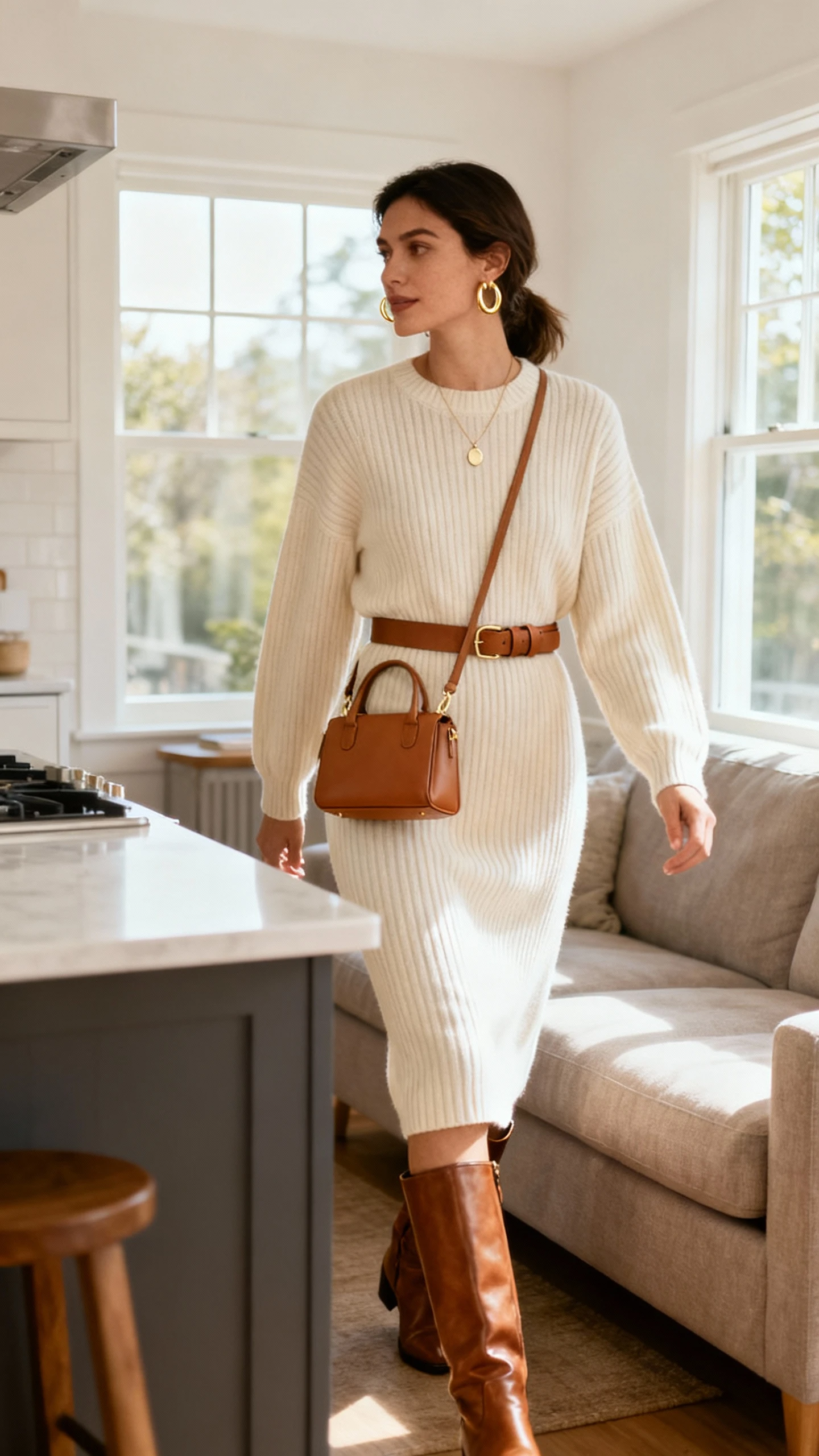 Natural lifestyle photo of a woman wearing a cream ribbed midi sweater dress with knee-high leather boots, tan belt, structured mini tote, gold hoop earrings and a delicate pendant necklace, moving from kitchen island to couch at home, face looking away, soft daylight through windows, iPhone photo quality, unstaged.
