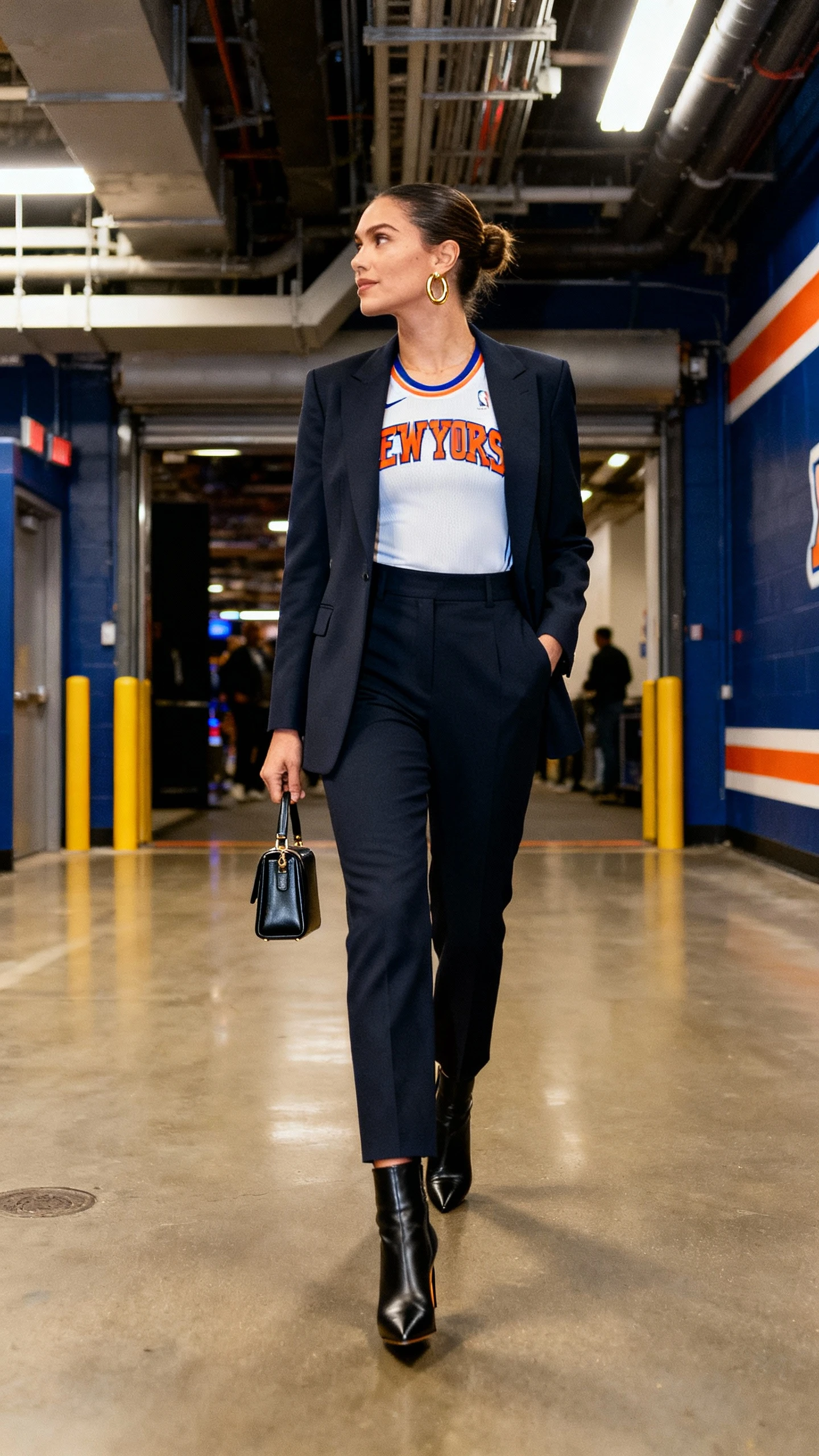 Natural lifestyle photo of a woman wearing a tailored blazer over a fitted Knicks jersey, high-waisted trousers, sleek heeled ankle boots, minimal gold hoops, and a structured mini bag, walking through an arena tunnel, face looking away, candid stride, natural indoor arena light, iPhone photo quality, unstaged.