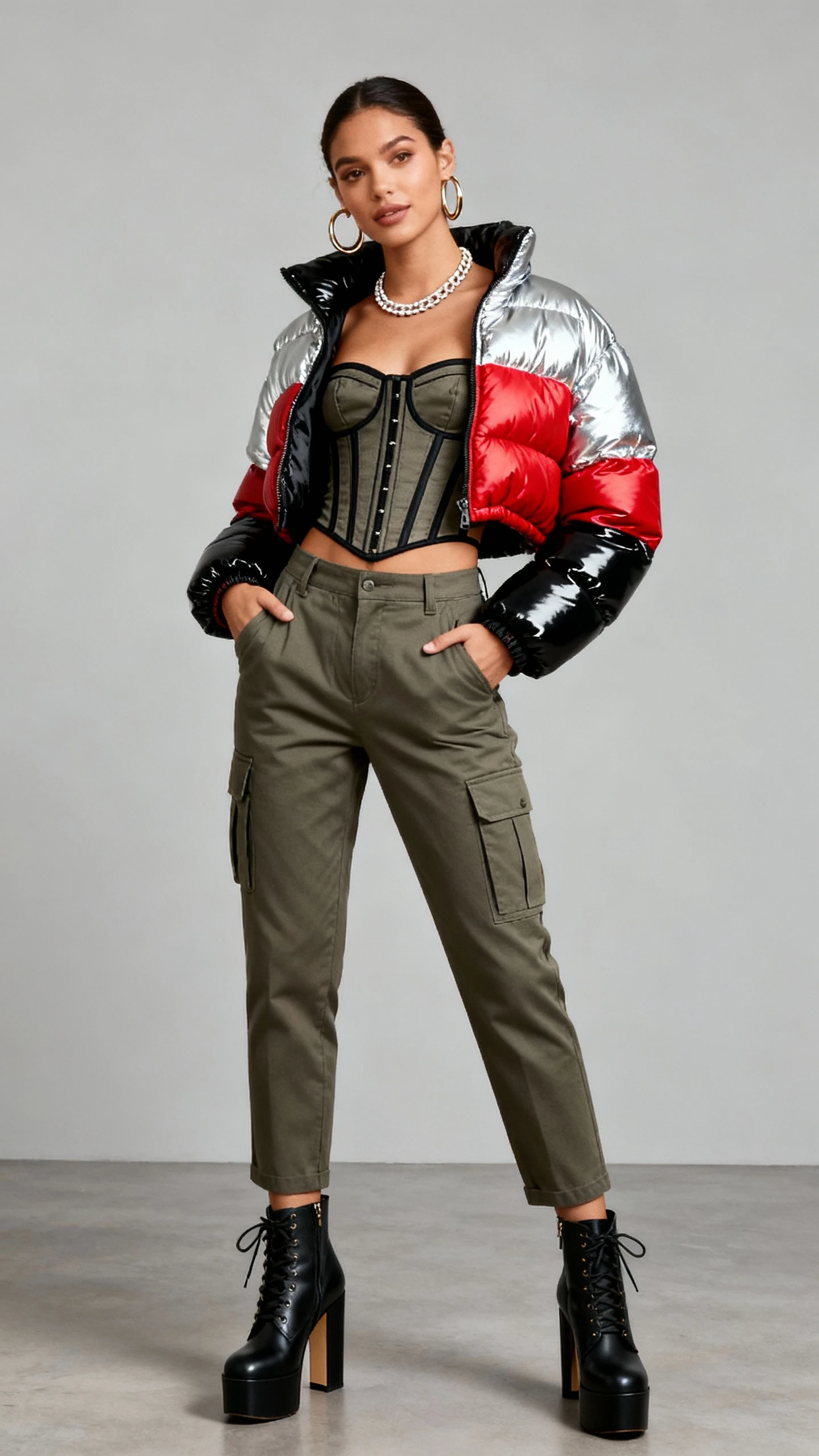 Studio fashion photo of a woman wearing a cropped puffer jacket (metallic silver/glossy black/bold red), a structured corset or bustier top, high-waisted cargo pants (tapered or straight), heeled ankle boots or platform lace-up boots, chunky hoops, and a tennis necklace; neutral gray background, soft studio lighting, relaxed hands-in-pockets stance, clean composition.