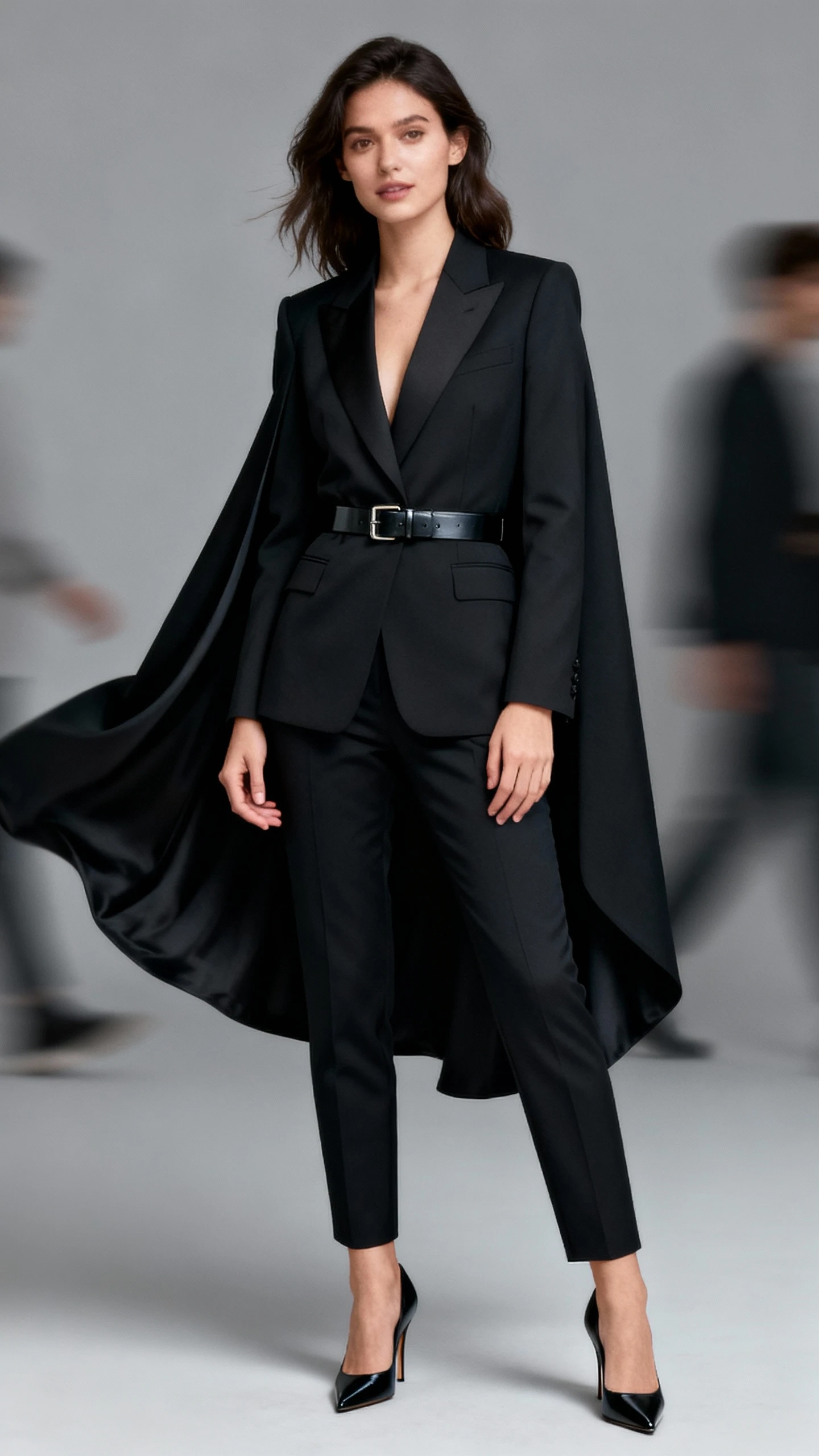 Studio fashion photo of a woman wearing a sharp tailored suit with a dramatic flowing cape, structured blazer, tapered trousers, pointed heels, and a sleek belt, neutral gray background, studio lighting, professional natural pose, clean composition, high quality.
