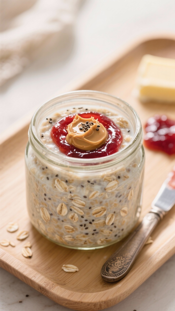 45-degree angle plated final for “Peanut Butter & Jelly Throwback Oats”: a chilled glass jar of overnight oats made with rolled oats, milk (dairy or vanilla almond milk), creamy peanut butter, chia seeds, and a touch of maple syrup; topped with a glossy ribbon of strawberry or raspberry jelly, a small dollop of peanut butter, and a sprinkle of chia; set on a light wooden tray with a butter knife smeared with jam nearby, subtle nostalgia vibe, warm natural light, shallow depth of field emphasizing the PB&J swirl, appetizing creaminess and jam sheen.