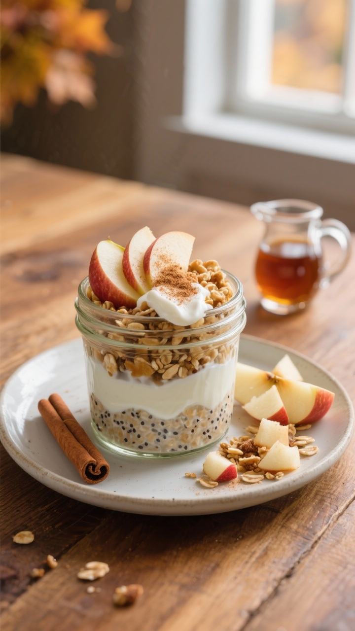 45-degree angle plated presentation of apple pie crunch overnight oats in a clear jar: layers of oats soaked in unsweetened milk and Greek yogurt, mixed with chia seeds, topped with finely diced Honeycrisp apple, a ribbon of maple yogurt, a dusting of cinnamon, and a sprinkle of crunchy granola; extra apple dices, a cinnamon stick, and a small maple syrup pitcher styled to the side on a warm wood table; cozy autumn palette, crisp focus on textures—creamy oats, juicy apple, crunchy topping—natural window light.