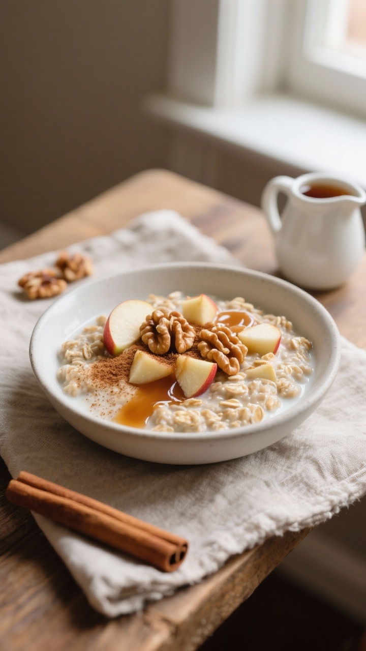 45-degree angle plated presentation of cozy maple cinnamon apple pie overnight oats in a matte white bowl: oats and unflavored/vanilla protein soaked in milk, folded with unsweetened applesauce, dotted with tiny diced half-apple pieces, finished with a ribbon of maple syrup, visible dusting of cinnamon, and a few toasted walnut pieces on top; warm, snuggly morning vibe with a linen napkin, a cinnamon stick, and a small pitcher of maple syrup; natural warm window light, inviting and homey.