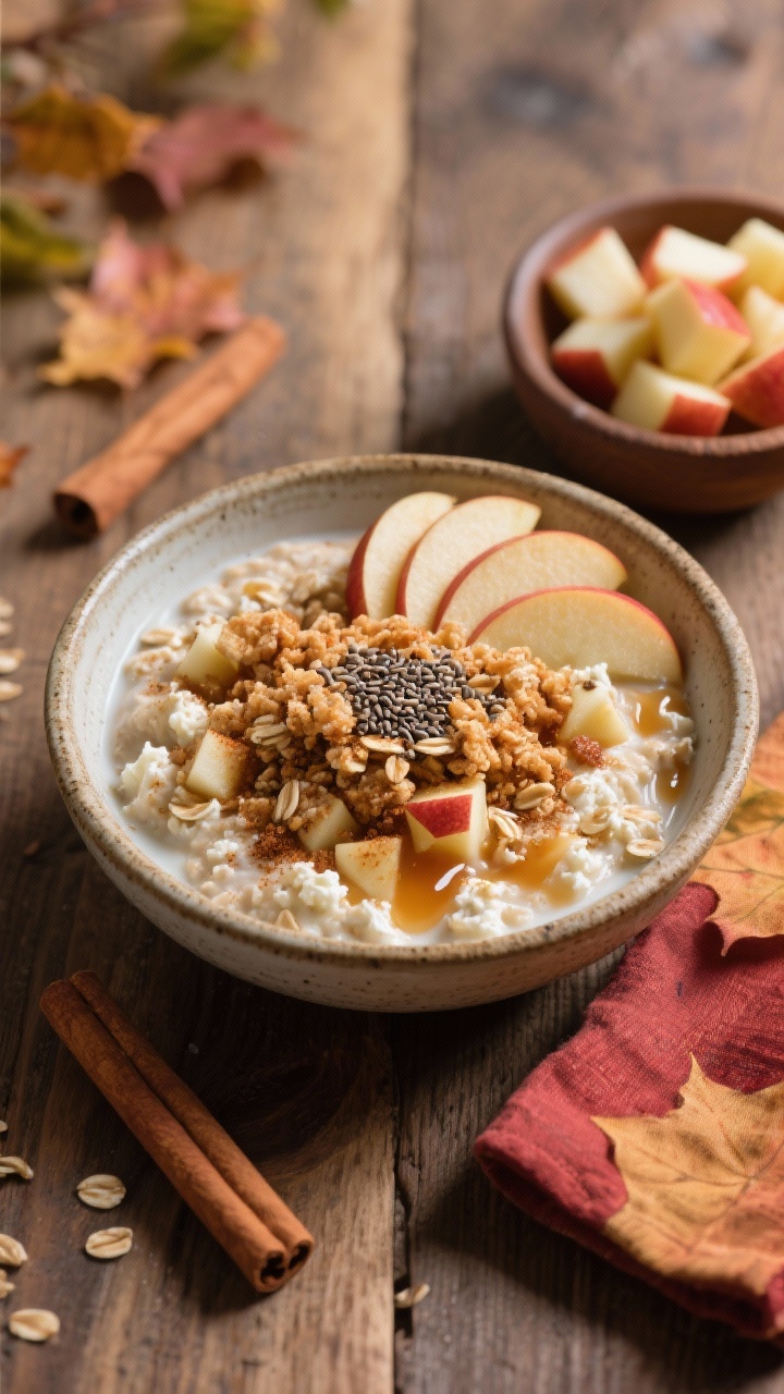 45-degree angle plated scene of Cinnamon Apple Crisp overnight oats in a rustic stoneware bowl: oats and cottage cheese soaked in milk of choice, folded with diced Honeycrisp apple, maple syrup, and chia seeds, finished with a cinnamon sprinkle and a crunchy apple-cinnamon “crisp” topping made from toasted oats. Garnished with thin apple fan slices and an extra drizzle of maple syrup. Set on a wooden table with a cinnamon stick, a small bowl of diced apples, and a napkin in autumnal hues. Soft, fall morning light emphasizing warm browns, reds, and the creamy, cozy texture, no people.