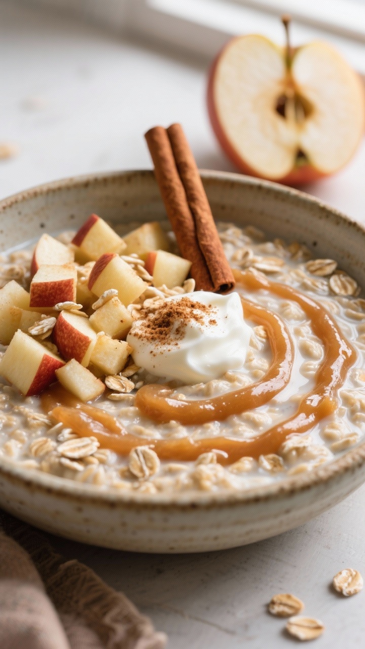 45-degree angle plated shot of Apple Pie Overnight Oats with a cozy cinnamon swirl in a rustic ceramic bowl: old-fashioned rolled oats soaked in unsweetened almond milk and unsweetened applesauce, topped with finely diced fresh apple pieces (skin-on for color), a glossy spiral of cinnamon stirred through, and a dollop of nonfat plain yogurt. Sprinkle of extra cinnamon and a few oat flakes on top, with a cinnamon stick and half a sliced apple in the background. Warm, autumnal tones and soft window light to evoke apple pie comfort; shallow depth of field to highlight the creamy oats and tender apple chunks.