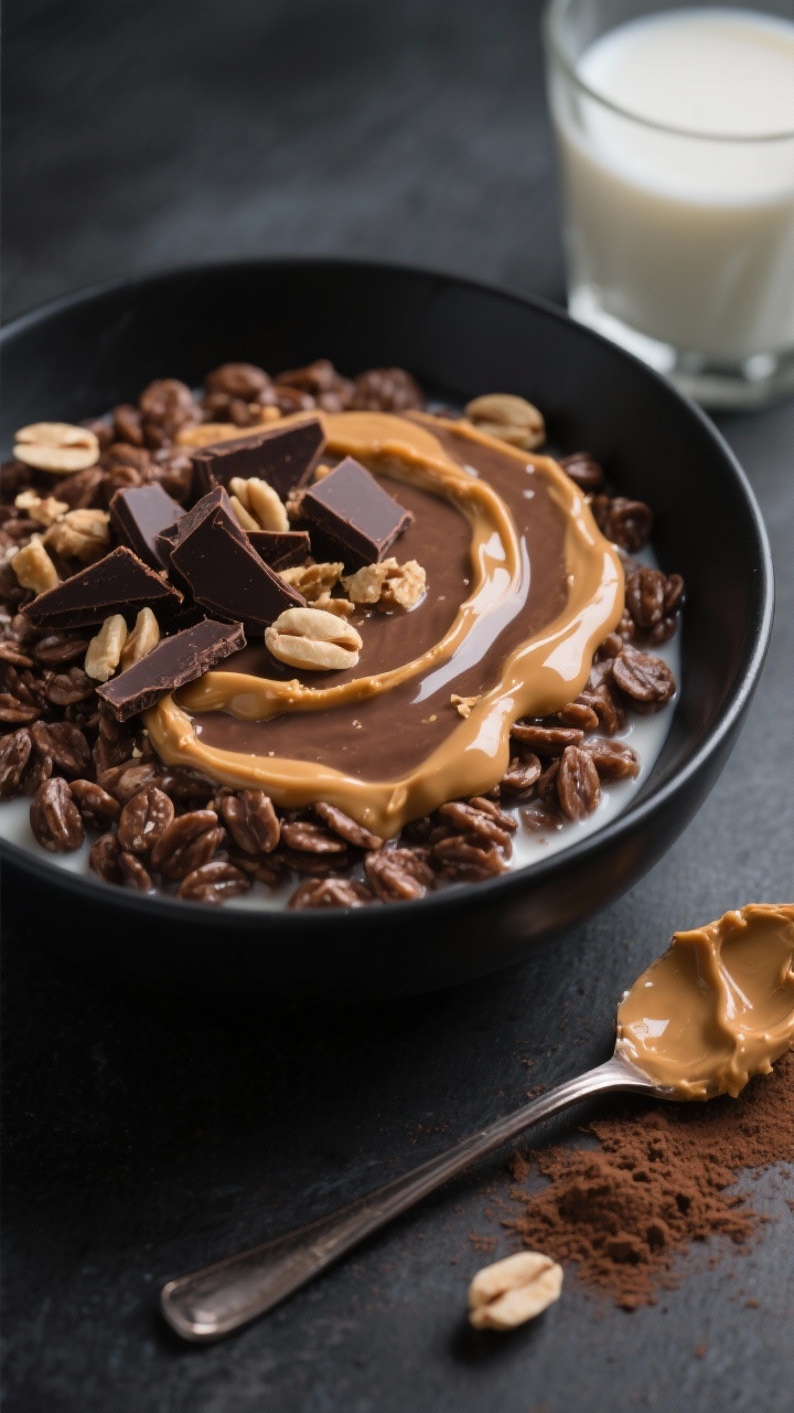 45-degree angle plated shot of Chocolate Peanut Butter Cup Overnight Oats in a matte black bowl: cocoa-rich oats made with milk, mixed with chocolate protein powder, ribboned with a drippy swirl of natural peanut butter on top. Garnish with a few dark chocolate shavings and crushed roasted peanuts for texture. Place a spoon with a smudge of peanut butter, a small mound of chocolate protein powder, and a glass of milk of choice in the background. Moody yet appetizing contrast lighting to emphasize glossy peanut butter and velvety chocolate oats, shallow depth of field, no people.