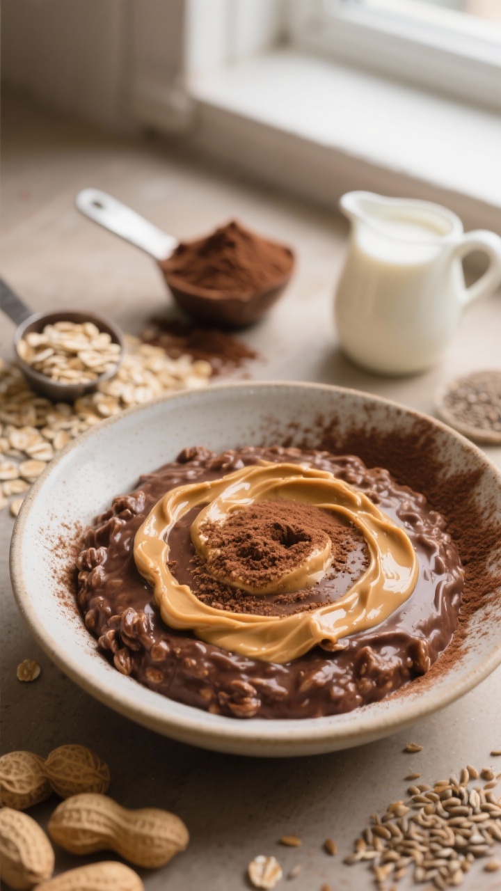 45-degree angle plated shot of “Peanut Butter Cup” protein oats in a shallow bowl: thick chocolatey oats swirled with a glossy peanut butter ribbon, lightly dusted with cocoa powder, and finished with a sprinkle of ground flaxseed. Visible ingredients in the background slightly out of focus: rolled oats, chocolate protein powder scoop, cocoa powder, ground flaxseed, and a small pitcher of milk. Warm, cozy morning mood with natural window light, emphasizing the creamy-peanut butter contrast and hearty texture.