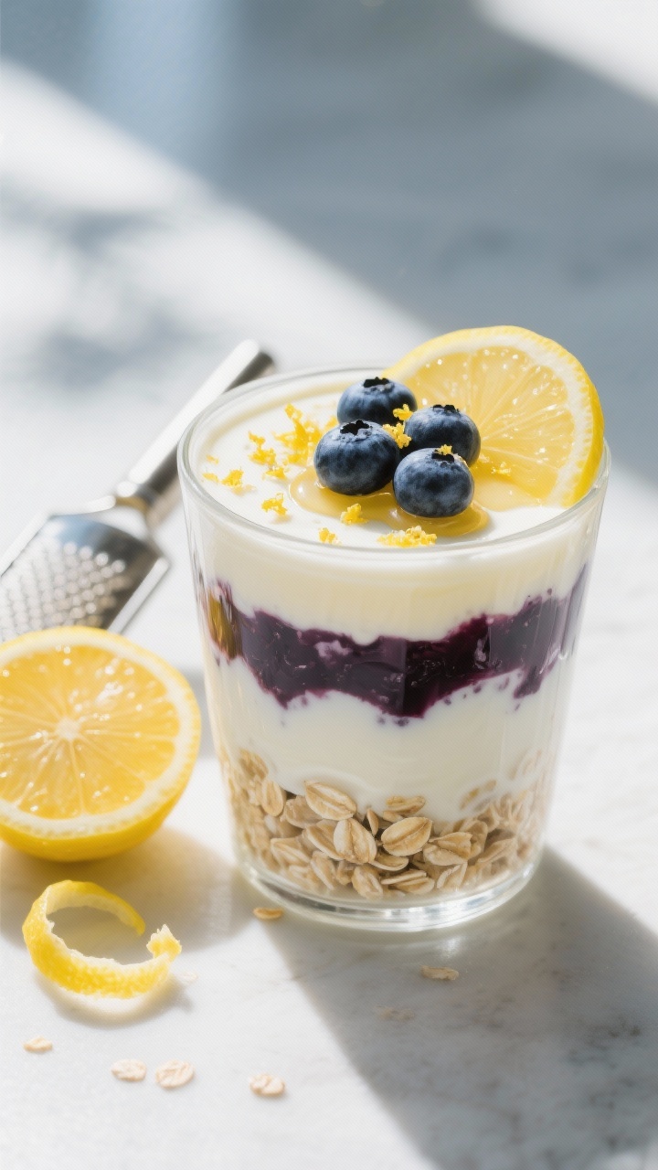 45-degree plated presentation of Blueberry Lemon Cheesecake Overnight Oats in a clear tumbler to show layers: old-fashioned rolled oats with milk of choice, folded with vanilla Greek yogurt, vibrant blueberry compote ripple, and a bright hit of freshly grated lemon zest and lemon juice. Drizzle of honey on top, extra zest sprinkled, and a few fresh blueberries perched on the surface. Place a microplane with lemon zest curls and a halved lemon nearby on a light, sunlit surface to evoke “sunshine.” Clean, bright styling with crisp highlights and cool tones.