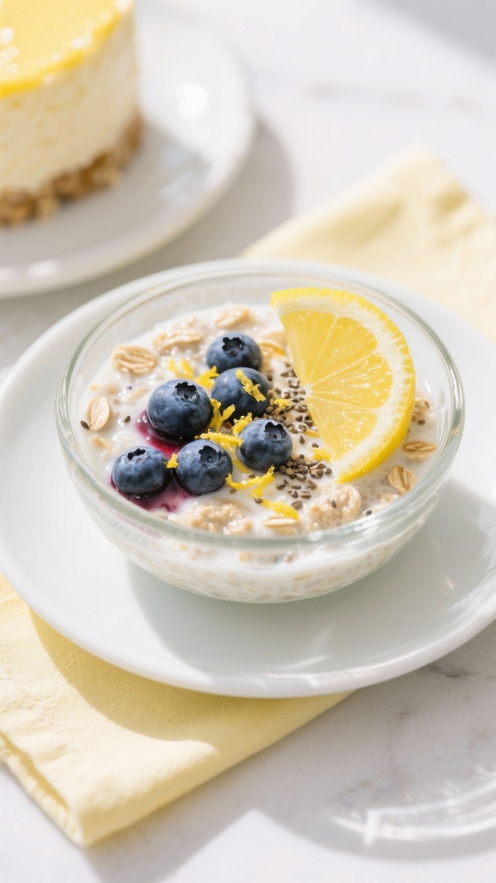 45-degree plated presentation of Sunshine Lemon-Blueberry Overnight Oats with cheesecake vibes: a clear bowl filled with oats mixed with milk and vanilla Greek yogurt, studded with fresh blueberries, streaks of lemon zest throughout, and a creamy, slightly thick cheesecake-like texture. Garnish with a bright lemon twist, extra zest sprinkled on top, a few macerated blueberries bleeding juice for color, and chia seeds visibly speckled. Light, airy morning setup with white ceramics, pale yellow napkin, and sunlit highlights for a fresh, citrusy mood.