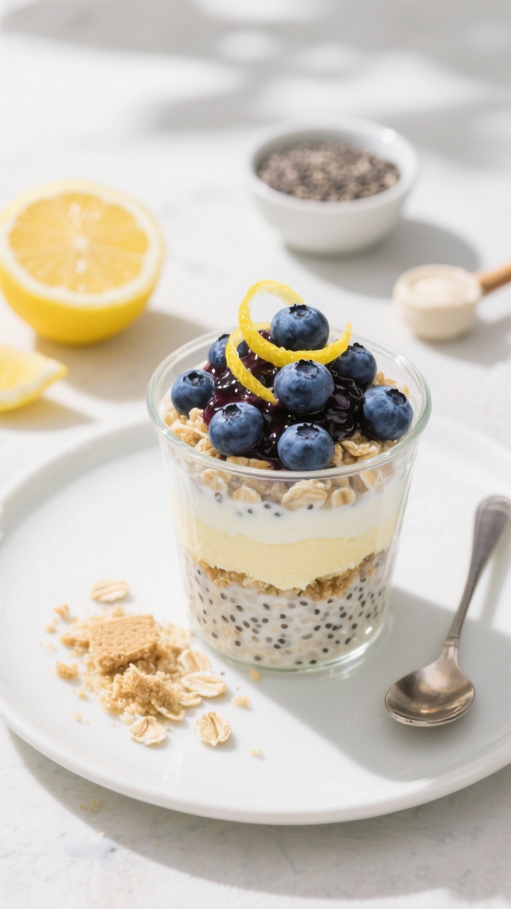 A 45-degree plated presentation of Blueberry Lemon Cheesecake Overnight Oats: a chilled clear tumbler showing creamy layers of oats with unsweetened milk, 2% Greek yogurt for cheesecake richness, vanilla protein, and chia seeds; crowned with a glossy blueberry compote, fresh blueberries, fine lemon zest curls, and a crumbly “cheesecake” graham-style sprinkle; background includes a halved lemon, a small bowl of chia seeds, and vanilla protein scoop on a light, sunny backdrop; bright, fresh, and tangy mood with vibrant blues and yellows, sharp focus on silky, spoonable texture.