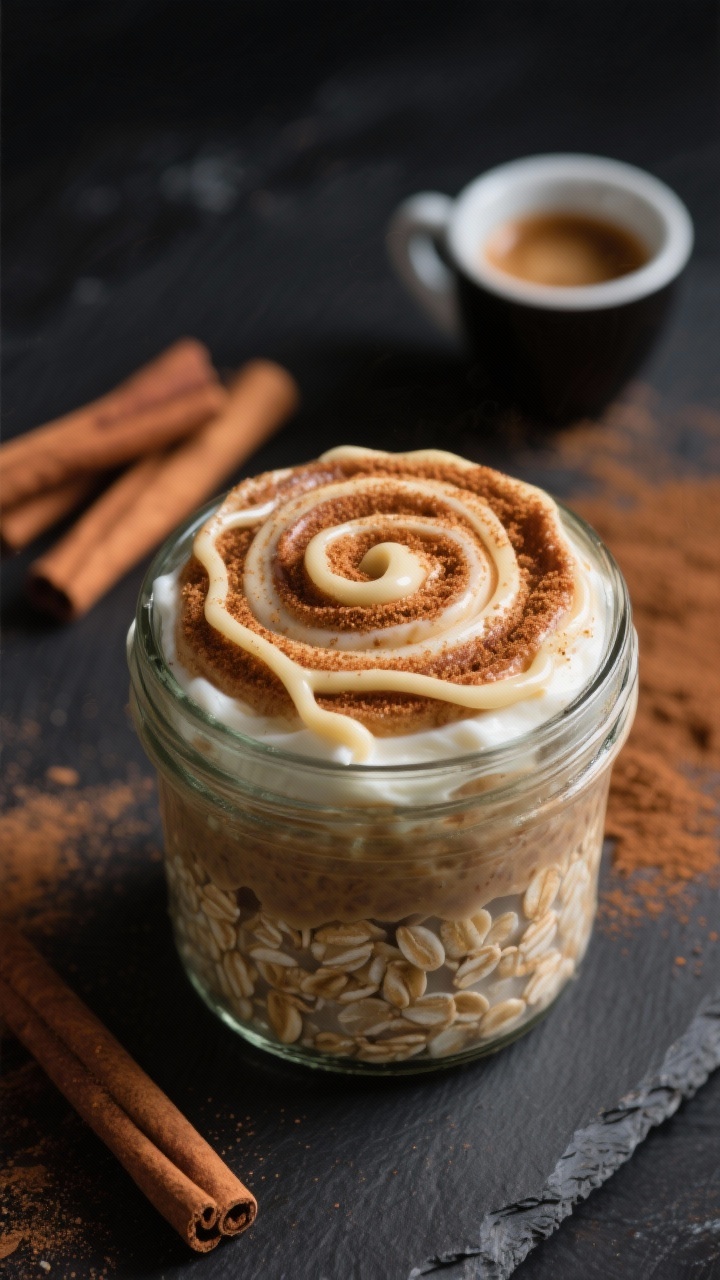 A moody close-up, straight-on shot of Cinnamon Roll Latte Overnight Oats with a coffee kick: a short glass jar filled with oats blended with cooled strong brewed coffee, milk, Greek yogurt, and vanilla protein, finished with a thick cinnamon-sugar swirl and a drizzle of vanilla glaze forming ribbons on top; cinnamon sticks and a small espresso cup in the background, a dusting of ground cinnamon on a dark slate surface; warm, cozy tones, shallow depth of field highlighting creamy ripples and cinnamon-speckled surface.
