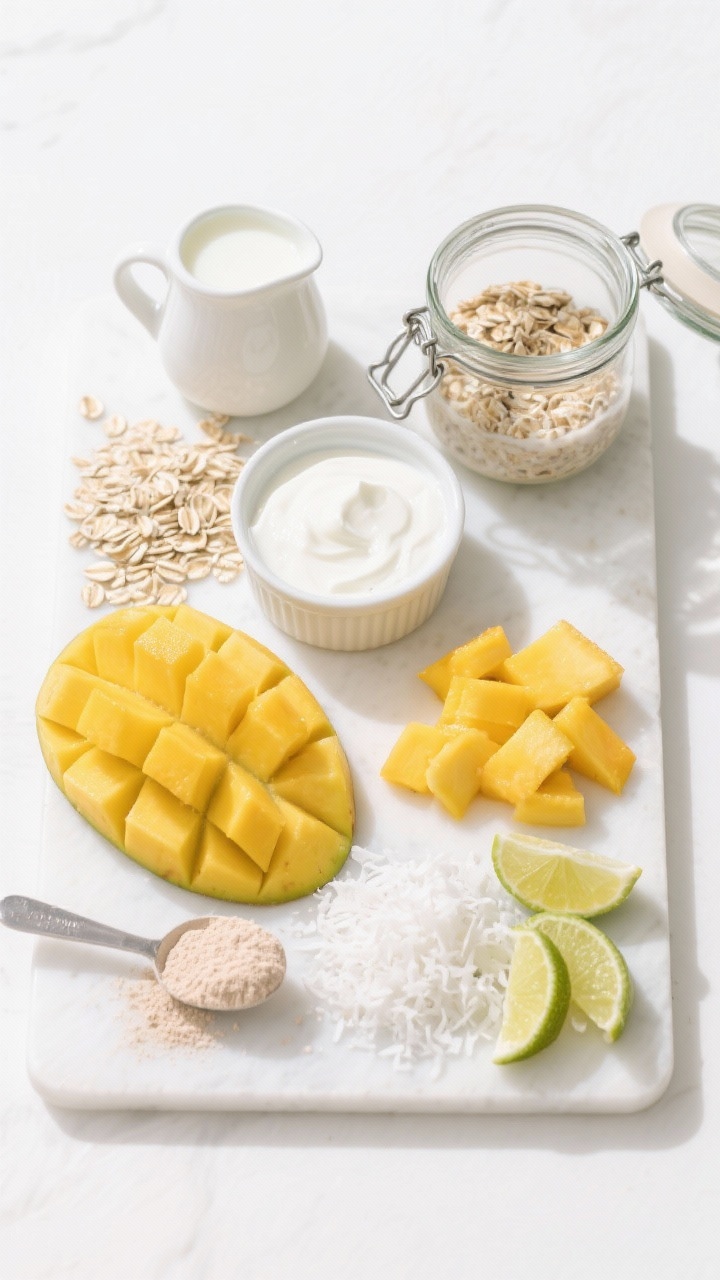 An ingredient-prep overhead shot for Tropical Mango Coconut Protein Oats: neatly arranged mise en place on a bright white board—old-fashioned rolled oats, light coconut milk in a small pitcher, plain skyr/Greek yogurt in a ramekin, unflavored/vanilla protein powder in a scoop, diced ripe mango, shredded coconut, and lime wedges for a fresh pop; a glass jar partially filled with oats and coconut milk to suggest assembly; vibrant yellows and whites with tropical mood, clean styling, crisp lighting emphasizing juicy mango and creamy coconut textures.