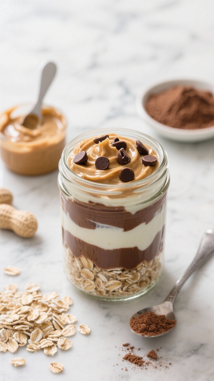 An overhead flat-lay of Peanut Butter Cup Power Overnight Oats styled like dessert: a clear glass jar filled with layered old-fashioned rolled oats, unsweetened almond milk, nonfat Greek yogurt, and chocolate protein powder, topped with a glossy swirl of peanut butter, mini dark chocolate chips, and a sprinkle of cocoa powder; side props include a small dish of peanut butter, a scoop of chocolate protein, raw rolled oats scattered, and a spoon on a cool marble surface; soft morning light, rich chocolate-brown and creamy beige tones, focus on thick, dessert-like texture, no people.