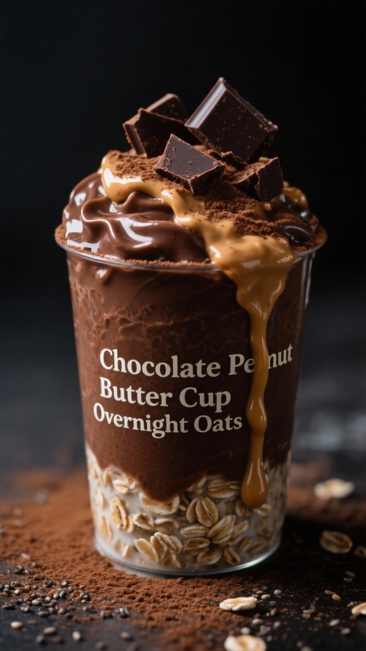 Close-up dessert-style shot for “Chocolate Peanut Butter Cup Overnight Oats”: ultra-creamy oats made with rolled oats, oat milk, creamy peanut butter, unsweetened cocoa powder, and chia/ground flax, presented in a short tumbler; dramatic cocoa-brown tones with visible peanut butter ripple, dusting of cocoa, a few chopped dark chocolate pieces on top, and a drizzle of melted peanut butter down the side; dark moody backdrop, side lighting to highlight glossy chocolate and silky texture, tight framing for indulgent, dessert-for-breakfast appeal.