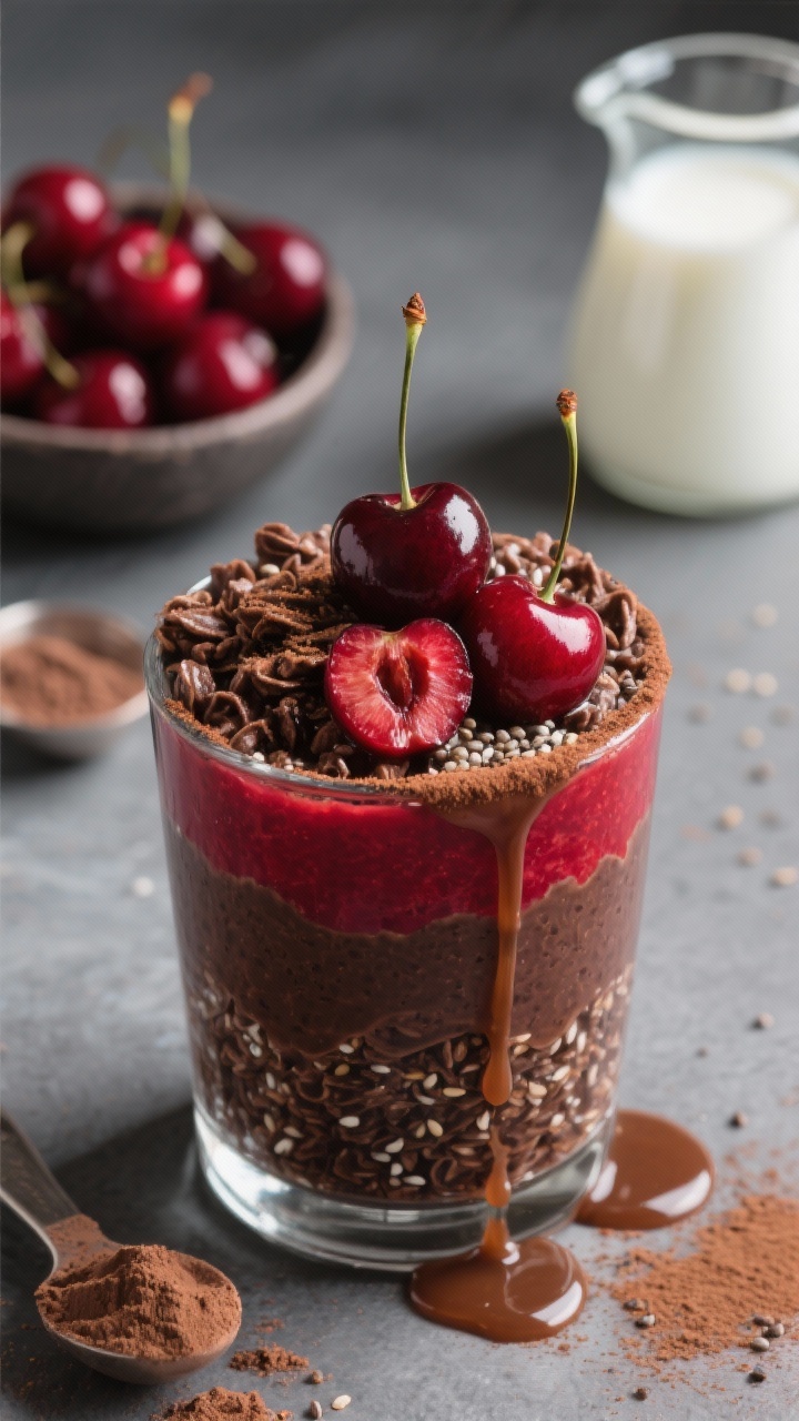 Close-up glamor shot of “Black Forest Cherry Chocolate” overnight oats layered in a glass: dark chocolate oats, a ruby layer of juicy cherries (some halved with stems), and a final dollop of chocolate oats, topped with cacao dust and a few fresh cherries. Tiny chia seeds visible in the mixture; note the deep cocoa color (Dutch-process look) and glossy cherry syrup drips on the glass. Background props: a small bowl of cherries, a scoop of chocolate protein powder, and a splash-ready mini jug of milk. Elegant, dessert-like mood with dramatic highlights and rich reds and browns.