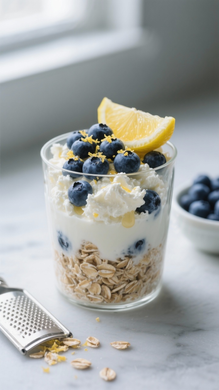 Close-up, straight-on shot of Blueberry Lemon Cheesecake Oats With Cottage Cheese in a clear tumbler to highlight texture: base of rolled oats and almond milk, folded with low-fat cottage cheese and a half-scoop of vanilla protein, speckled with fresh blueberries. Topped with more blueberries, a fine grating of lemon zest, and a thin lemon twist, with a light drizzle of honey to suggest cheesecake sweetness. Cool-toned backdrop, soft window light, macro focus on curds of cottage cheese and bursting blueberry skins, minimal props: a microplane with zest and a small bowl of blueberries off to the side, no people.