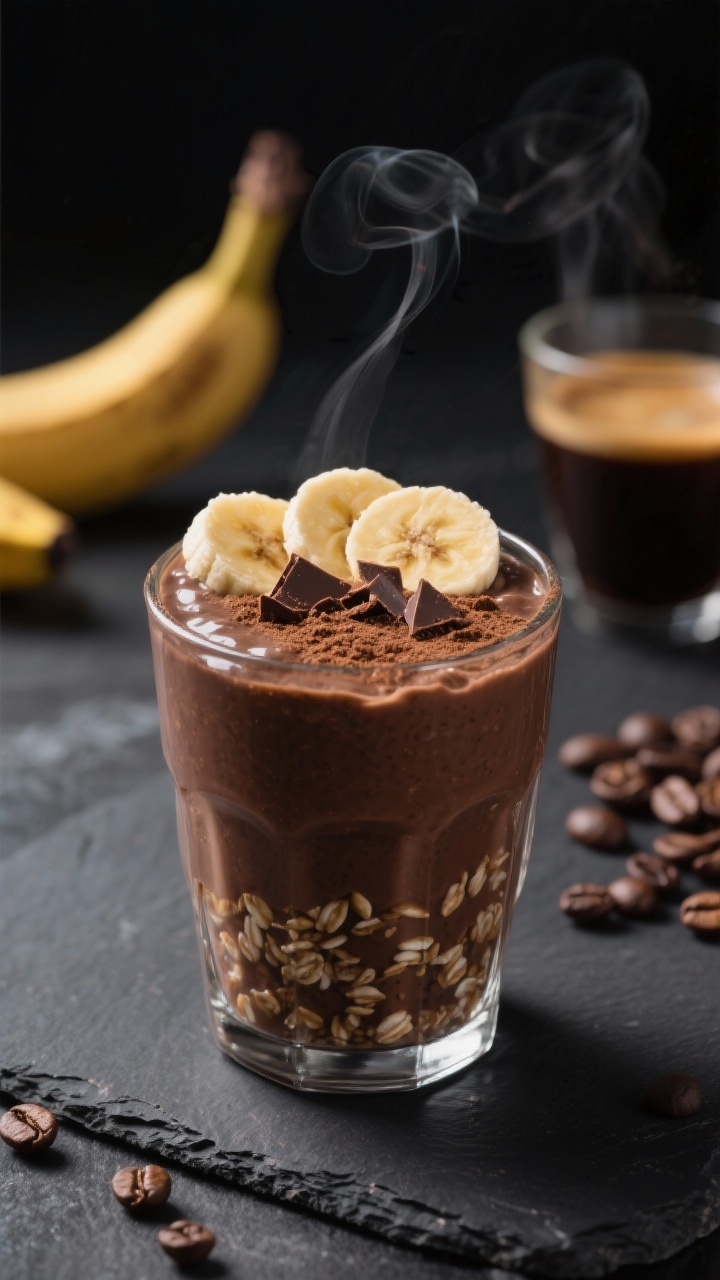 Close-up, straight-on shot of chocolate banana mocha overnight oats in a short glass: ultra-creamy oats blended with unsweetened milk, cooled strong brewed coffee, mashed ripe banana, and cocoa, creating a rich mocha hue; topped with thin banana coins, a light cocoa dusting, and a few chocolate shavings; tiny espresso cup and scattered coffee beans in soft blur behind; dark slate background for moody café vibes, steam subtly visible from nearby coffee for warmth, tight depth of field highlighting glossy, velvety texture.