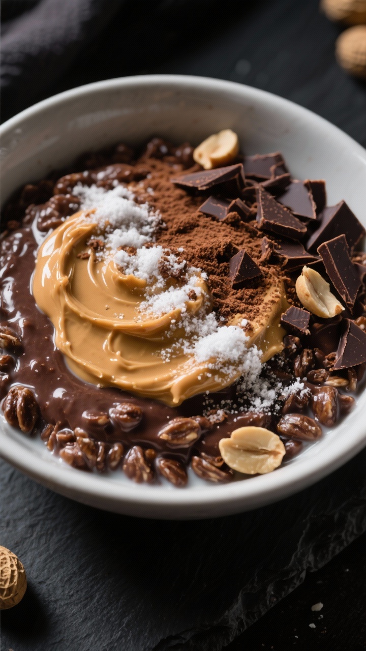 Dramatic close-up of double chocolate peanut butter cup overnight oats as a gym-day fuel bowl: thick chocolate oats made with rolled oats, chocolate protein, and milk, intensely cocoa-rich with a glossy sheen; generous swirl of natural peanut butter on top, a light snowfall of unsweetened cocoa powder, mini dark chocolate shavings, and a few roasted peanut pieces for crunch; dark slate backdrop, directional side light to emphasize textures, ultra-appetizing and bold.