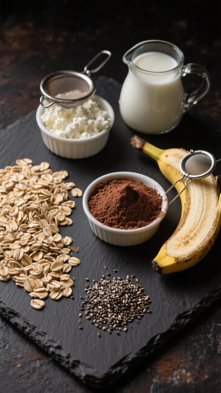 Ingredient-focused overhead prep shot for Chocolate Banana Protein overnight oats: a dark slate board with neat piles of old-fashioned rolled oats, small curds of cottage cheese in a ramekin, unsweetened cocoa powder mounded with a tiny sieve, a peeled ripe banana half-mashed with fork marks, chia seeds scattered, and a small pitcher of milk of choice. A glass jar sits empty, ready to assemble. Rich, moody lighting with soft highlights on the cocoa and glossy banana, high clarity to showcase textures, no people.