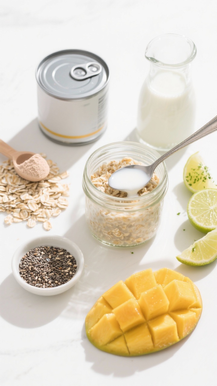 Ingredient-prep overhead flat lay for tropical mango coconut lime overnight oats: neatly arranged components on a bright white surface—rolled oats, scoop of vanilla protein powder, an open can of light coconut milk (well shaken), a small carafe of water/milk, chia seeds in a pinch bowl, fresh ripe mango cubes, and a zested lime with visible zest and lime wedges; a clear jar partially filled with oats ready for assembly, a spoon with coconut milk drips, vibrant sunny mood evoking vacation; crisp, clean styling, no hands.