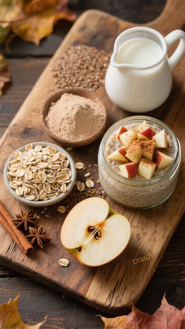 Ingredients-focused overhead shot for Apple Pie Crunch Oats With Protein and Flax: a neat mise en place on a rustic wooden board—old-fashioned rolled oats, a small heap of vanilla protein powder, ground flaxseed in a pinch bowl, finely diced half-apple (skin on for color), cinnamon and nutmeg pinches, and a small pitcher of milk of choice. Include a finished jar of the apple pie overnight oats in the corner, topped with extra diced apple and a dusting of cinnamon for the “crunch” cue. Warm, cozy autumn mood, natural light, high clarity to show textures of flax and apple dice, no people.