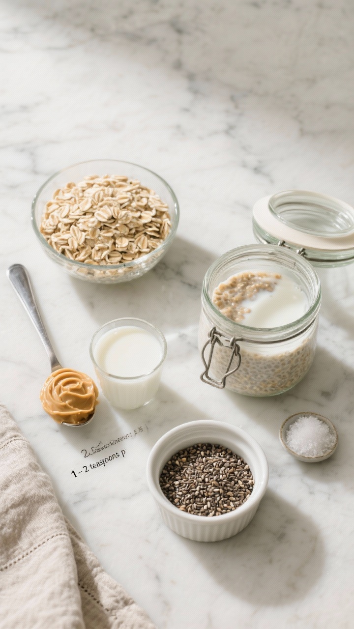 Overhead flat-lay ingredient shot for “Classic Creamy Peanut Butter Overnight Oats”: a neat arrangement on a cool marble surface featuring 1/2 cup old-fashioned rolled oats, a small glass of 2/3 cup milk (dairy or unsweetened almond/oat milk), a spoonful swirl of creamy peanut butter, a ramekin of chia seeds, and a tiny dish with a drizzle-ready portion of sweetener (honey or maple syrup implied by “1–2 teaspoons p”), plus a pinch dish of salt; include a lidded glass jar half-filled with oats and milk to suggest soaking, neutral linen, soft morning light, crisp shadows, professional food styling, no people.
