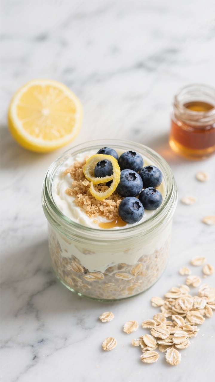 Overhead flat lay of Blueberry Lemon Cheesecake overnight oats in a glass jar: creamy rolled oats mixed with low-fat cottage cheese and unsweetened almond milk, swirled with fresh blueberries and a drizzle of maple syrup; topped with extra blueberries, fine lemon zest curls, and a light dusting of crushed graham-style crumbs for a cheesecake vibe. Styled on a cool marble surface with a halved lemon, a small jar of maple syrup, and scattered rolled oats. Bright, airy morning light, crisp focus on the glossy berries and velvety oat-cottage cheese texture, no people.