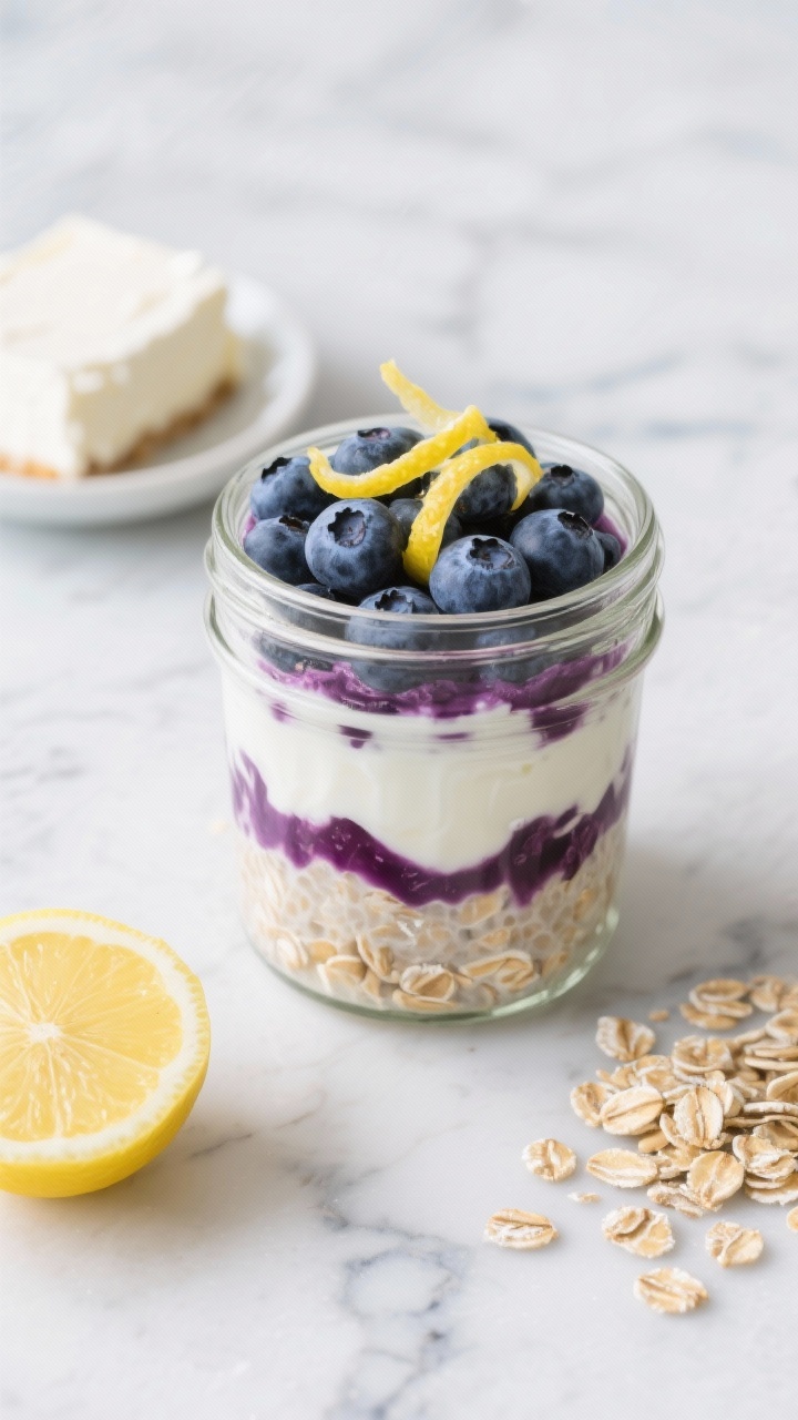 Overhead flat lay of Bright Lemon Blueberry Cheesecake Overnight Oats assembled in a clear glass jar: visible layers of old-fashioned rolled oats soaked in unsweetened almond milk, swirls of nonfat plain Greek yogurt mixed with a tablespoon of soft light cream cheese, and a generous layer of fresh blueberries (with a few burst frozen berries bleeding purple juice). Garnish with fine lemon zest curls and a few extra blueberries on top, set on a cool marble surface with a small dish of cream cheese, a zested lemon, and scattered oat flakes. Bright, clean lighting to emphasize creamy cheesecake texture, blueberry juiciness, and the sunny lemon aroma; no people, professional styling.
