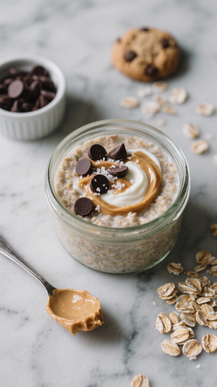 Overhead flat lay of Cookie-Dough Comfort Overnight Oats in a glass jar on a cool marble surface: creamy old-fashioned rolled oats soaked in unsweetened almond milk, swirled with plain Greek yogurt and a glossy ribbon of natural peanut butter; topped with mini dark chocolate chips, a sprinkle of flaky sea salt, and a few oat flakes for texture. Include a small spoon with a dollop of peanut butter, a ramekin of chocolate chips, and scattered oat grains for context. Soft, moody lighting to emphasize the cookie-dough vibe; shallow depth of field for a luscious, dessert-like look.
