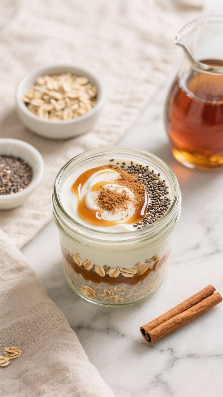 Overhead flat lay of Creamy Classic Maple-Cinnamon Overnight Oats in a clear glass jar, showcasing visible layers of old-fashioned rolled oats, milk, a swirl of plain Greek yogurt, and chia seeds, topped with a glossy drizzle of maple syrup and a dusting of ground cinnamon. Style with a small bowl of dry oats, a tiny dish of chia seeds, a maple syrup pitcher, and a cinnamon stick on a cool marble surface. Neutral linens, soft morning light, creamy textures emphasized, no people, professional food styling.