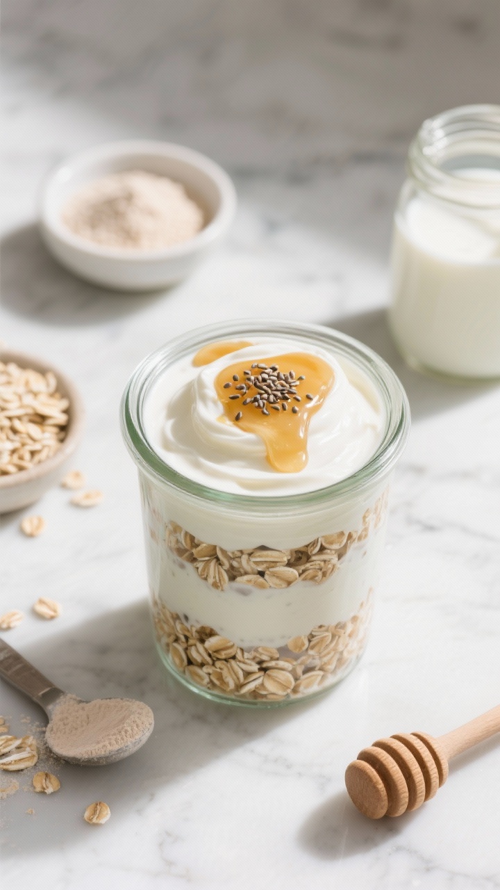 Overhead flat lay of Creamy Vanilla Greek Yogurt Power Oats in a clear glass jar, showcasing visible layers: old-fashioned rolled oats soaked in unsweetened almond milk, a thick swirl of plain Greek yogurt (2% or 0%), and a smooth scoop’s-worth of vanilla protein cream folded in; topped with a glossy drizzle of honey and a sprinkle of chia seeds. Style on a light marble surface with a small bowl of dry oats, a scoop of vanilla protein powder, a jar of almond milk, and a honey dipper nearby. Bright, clean morning light, soft shadows, crisp texture detail on oats and creamy yogurt, no people, professional food styling.