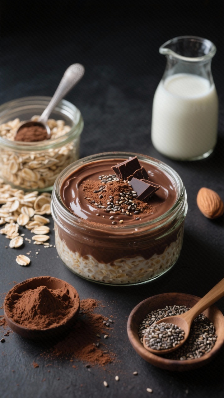 Overhead flat lay of “Double-Chocolate Dream” overnight oats that look like silky chocolate pudding in a clear glass jar, topped with a dusting of unsweetened cocoa powder, a sprinkle of chia seeds, and shaved dark chocolate. Ingredients arranged neatly around: old-fashioned rolled oats, a scoop of chocolate protein powder, cocoa powder in a small dish, chia seeds, and a small carafe of unsweetened almond milk. Dark, moody backdrop with soft side light highlighting glossy, creamy texture and rich cocoa tones; no people, professional styling.