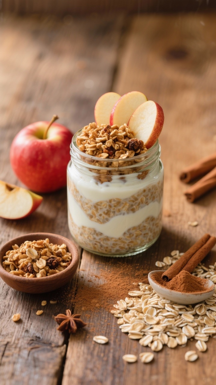 Overhead ingredient-and-finish combo shot for Apple Pie Overnight Oats: a jar of oats swirled with milk and plain Greek yogurt, visibly dusted with ground cinnamon and a hint of nutmeg, crowned with a crunchy granola topping and thin apple slices fanned on top. Surround with core ingredients artfully arranged: a cut red apple, a small bowl of granola, a pinch bowl of cinnamon and nutmeg, and dry rolled oats. Warm, cozy tones on a rustic wooden table, soft side light to emphasize textures and the granola crunch, autumnal feel, no people.