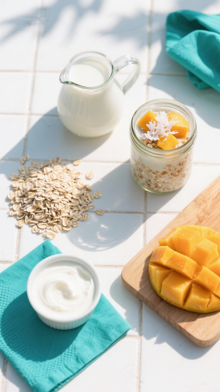 Overhead ingredient-prep flat lay for Tropical Mango Coconut Overnight Oats on a sunlit white tile surface: neat piles of old-fashioned rolled oats, a small pitcher of unsweetened coconut milk beverage (carton style), a ramekin of nonfat plain Greek yogurt, and a board with finely diced ripe mango (vivid orange-yellow). A finished jar sits to the side showing the final mix—creamy coconut-speckled oats flecked with mango cubes—topped with extra mango and a light sprinkle of shredded coconut. Bright, vacation-like vibe with teal napkin accents, crisp shadows, and a refreshing, beachy mood.