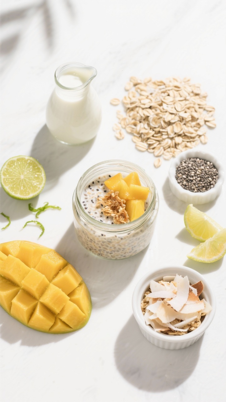 Overhead ingredients flat lay transitioning into assembly for tropical coconut lime overnight oats: neat arrangement of old-fashioned rolled oats, light coconut milk in a small pourer, plain yogurt, chia seeds, fresh lime (zest and wedges), ripe mango cubes, and a ramekin of toasted coconut flakes; a partially filled jar shows the creamy coconut-lime oat base with visible chia, ready to be topped with mango and toasted coconut; bright, sunlit scene with vibrant tropical colors, clean white surface, crisp shadows, no people, fresh and breezy island mood.